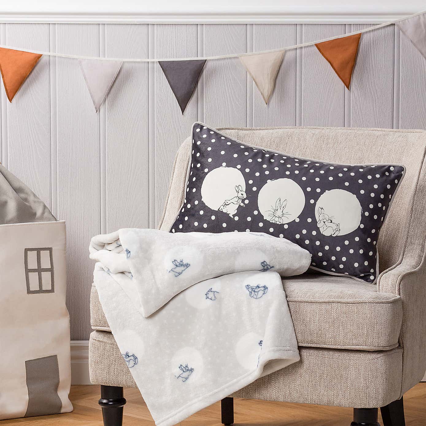 Peter Rabbit Spot Me Grey Cushion