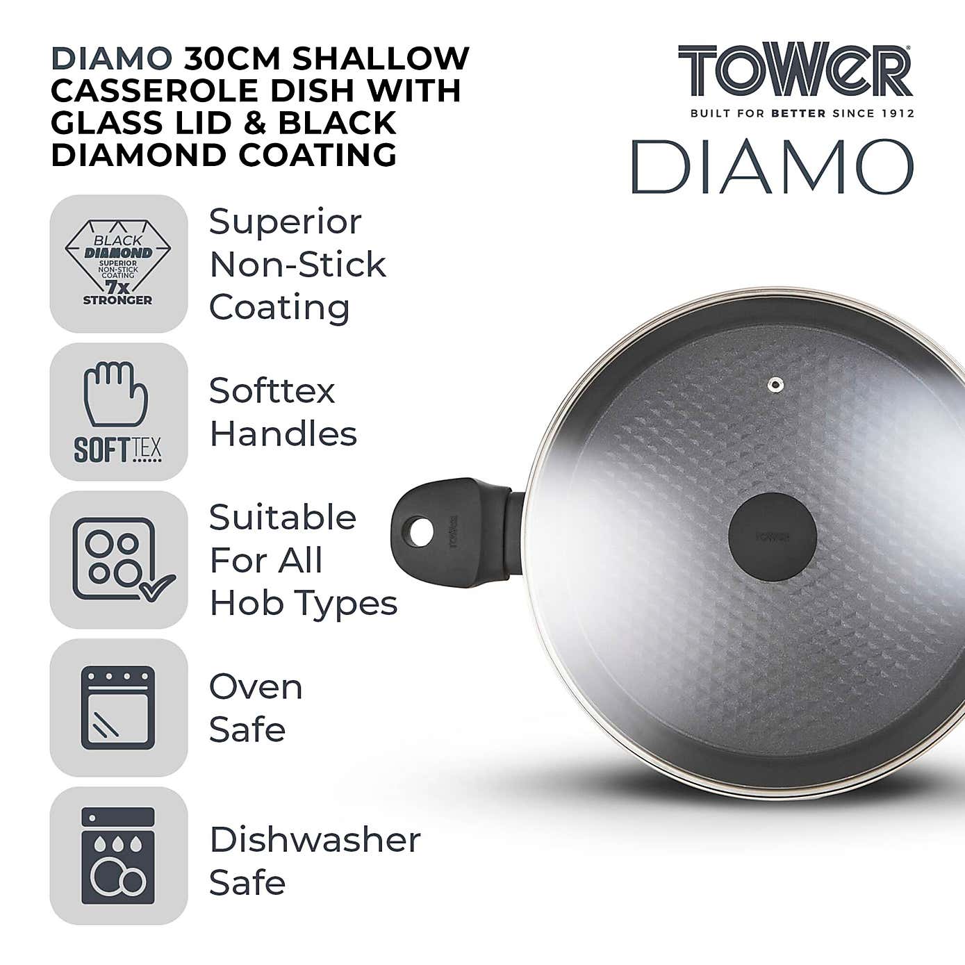 Tower Diamo 30cm Ceramic Shallow Casserole Dish with Lid