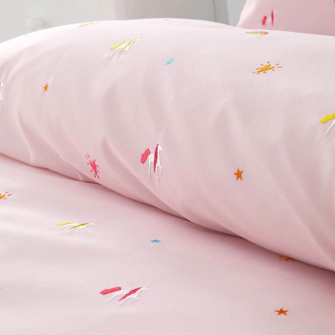 Catherine Lansfield Embroidered Unicorn Pink Microfibre Duvet Cover and Pillowcase Set