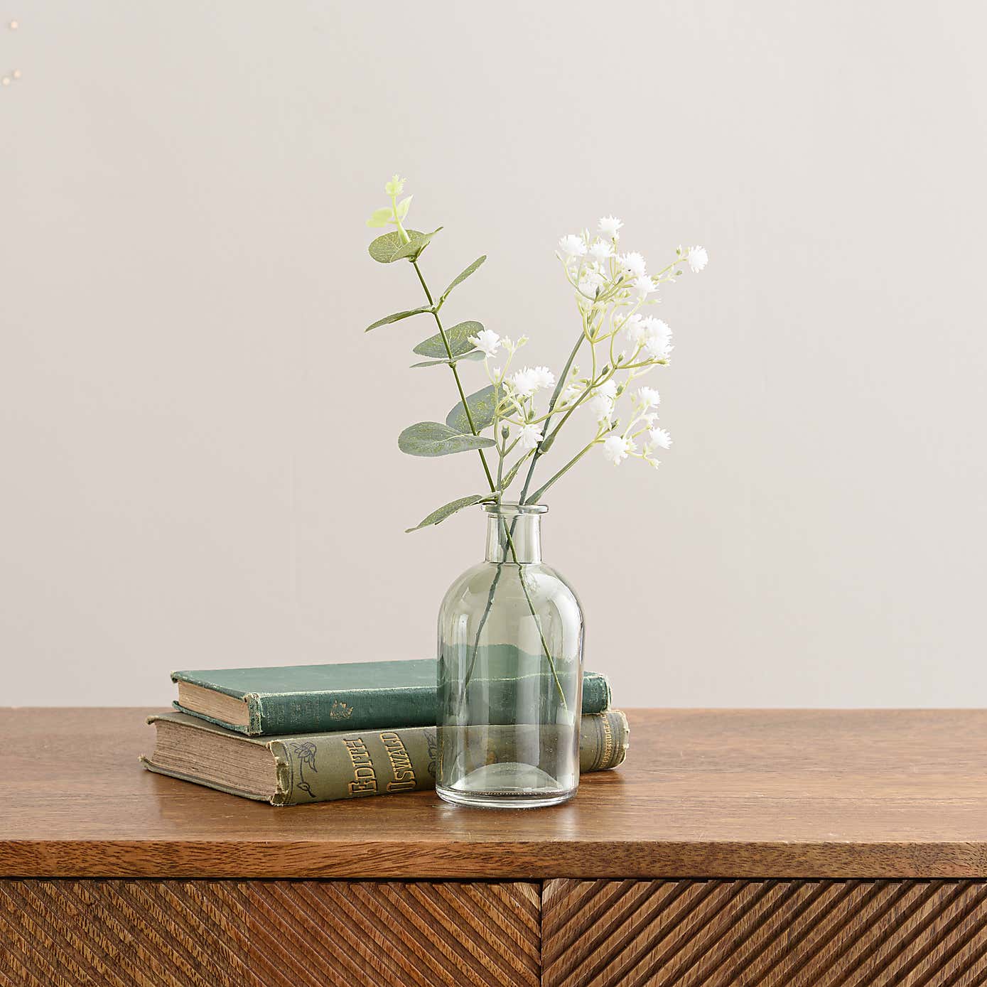 Artificial Set of 3 Eucalyptus and Gypsophila Stems in Glass Vases