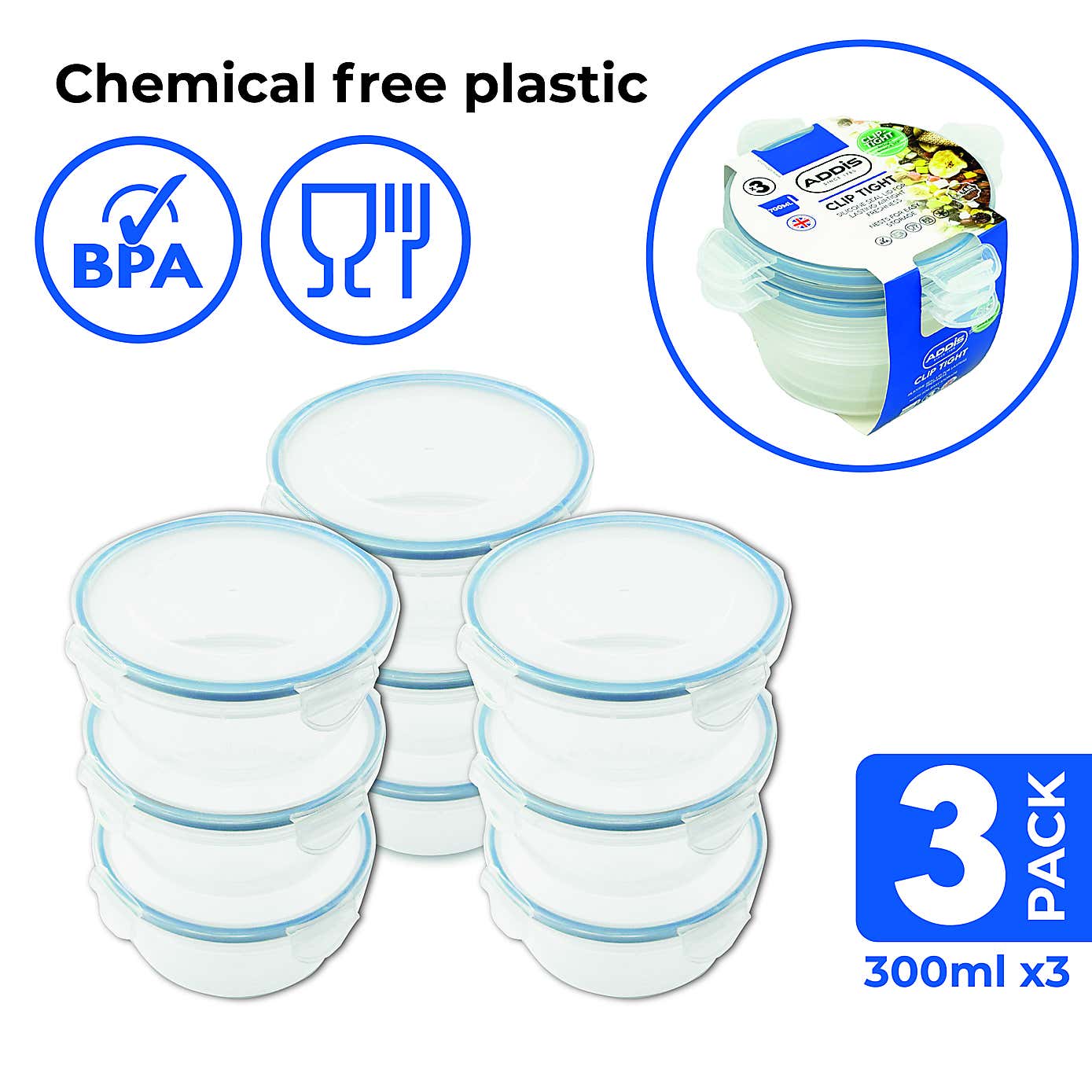 ADDIS 3 Sets of 3 Round 700ml Clip Tight Storage Containers