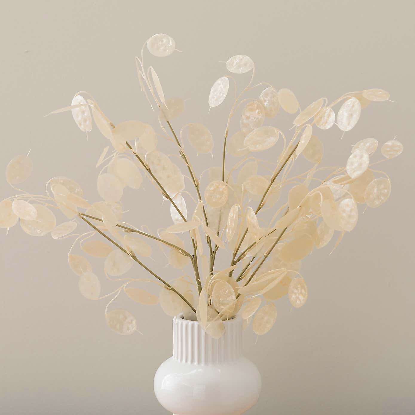 Artificial Honesty Spray Bouquet in Ribbed White Ceramic Vase