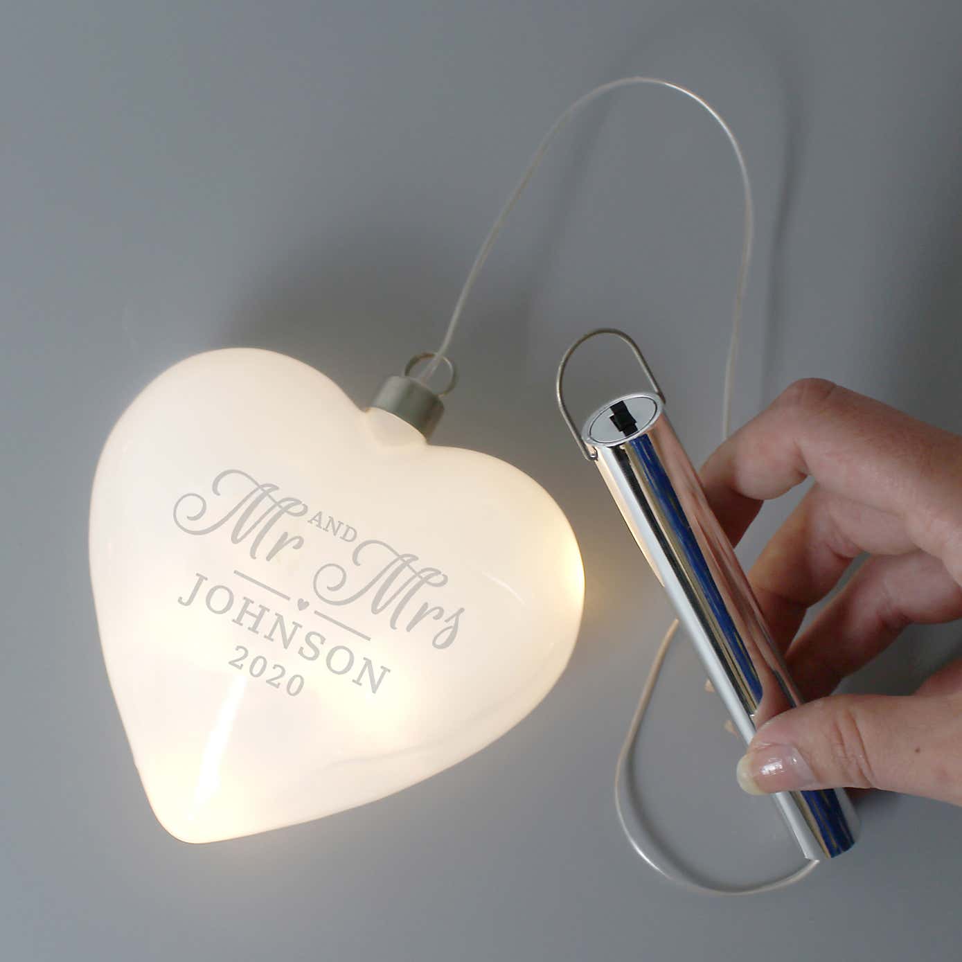 Personalised Mr and Mrs LED Hanging Glass Heart