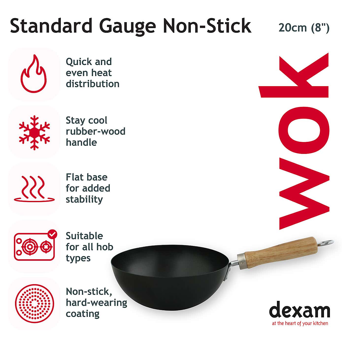 Dexam Non-Stick Standard Gauge Carbon Steel Wok, 20cm