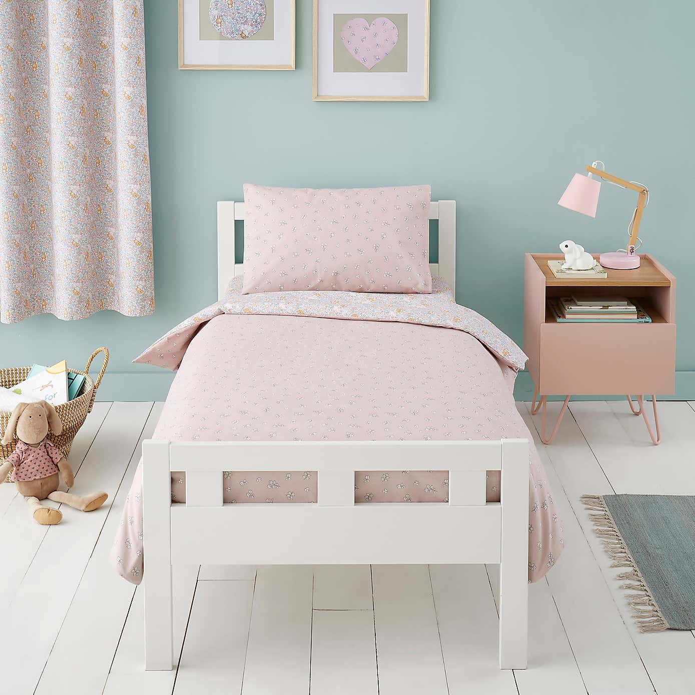 Ditsy Bunny Pink 100% Cotton Reversible Cot Bed Duvet Cover and Pillowcase Set