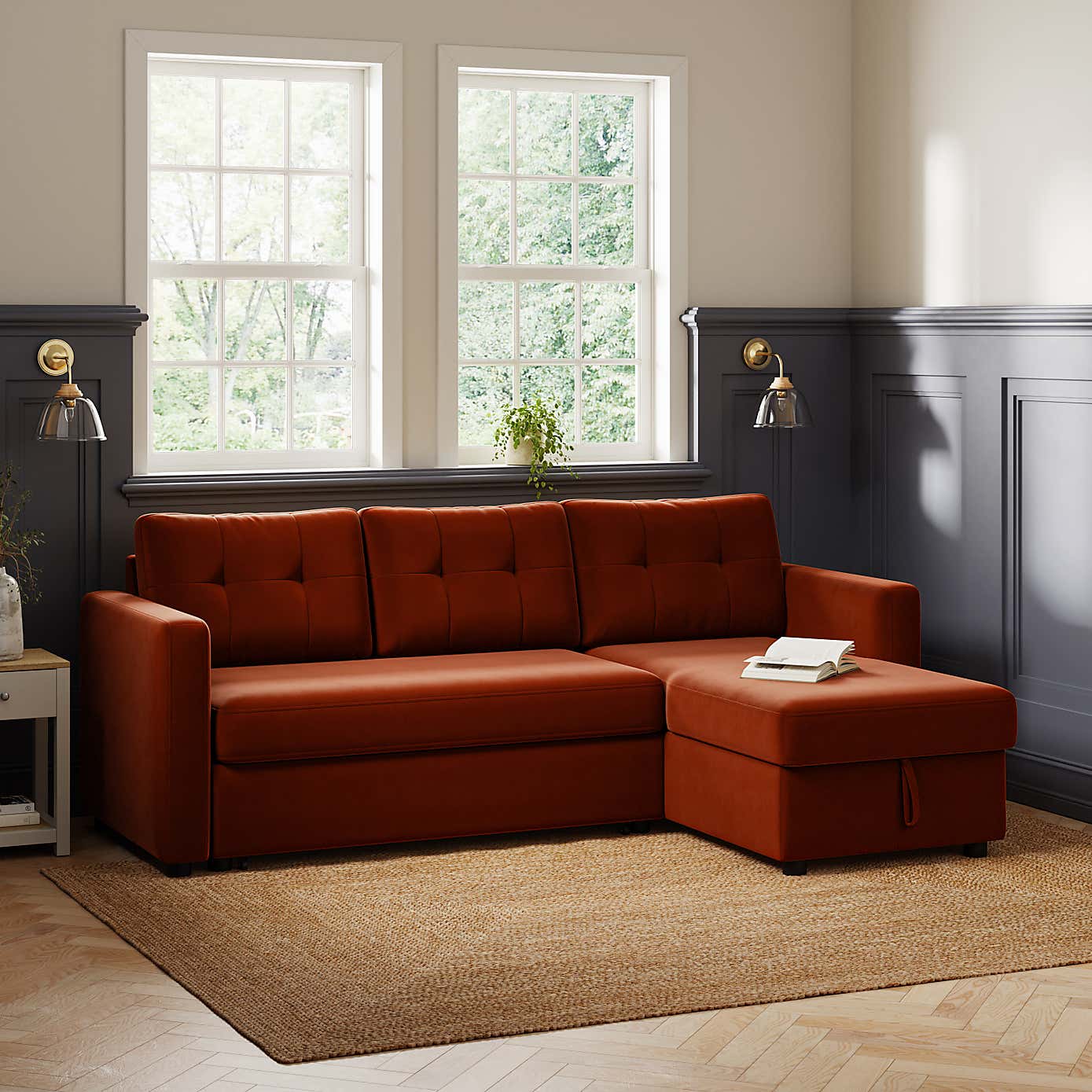Barker Velvet Trundle Corner Chaise Sofa Bed