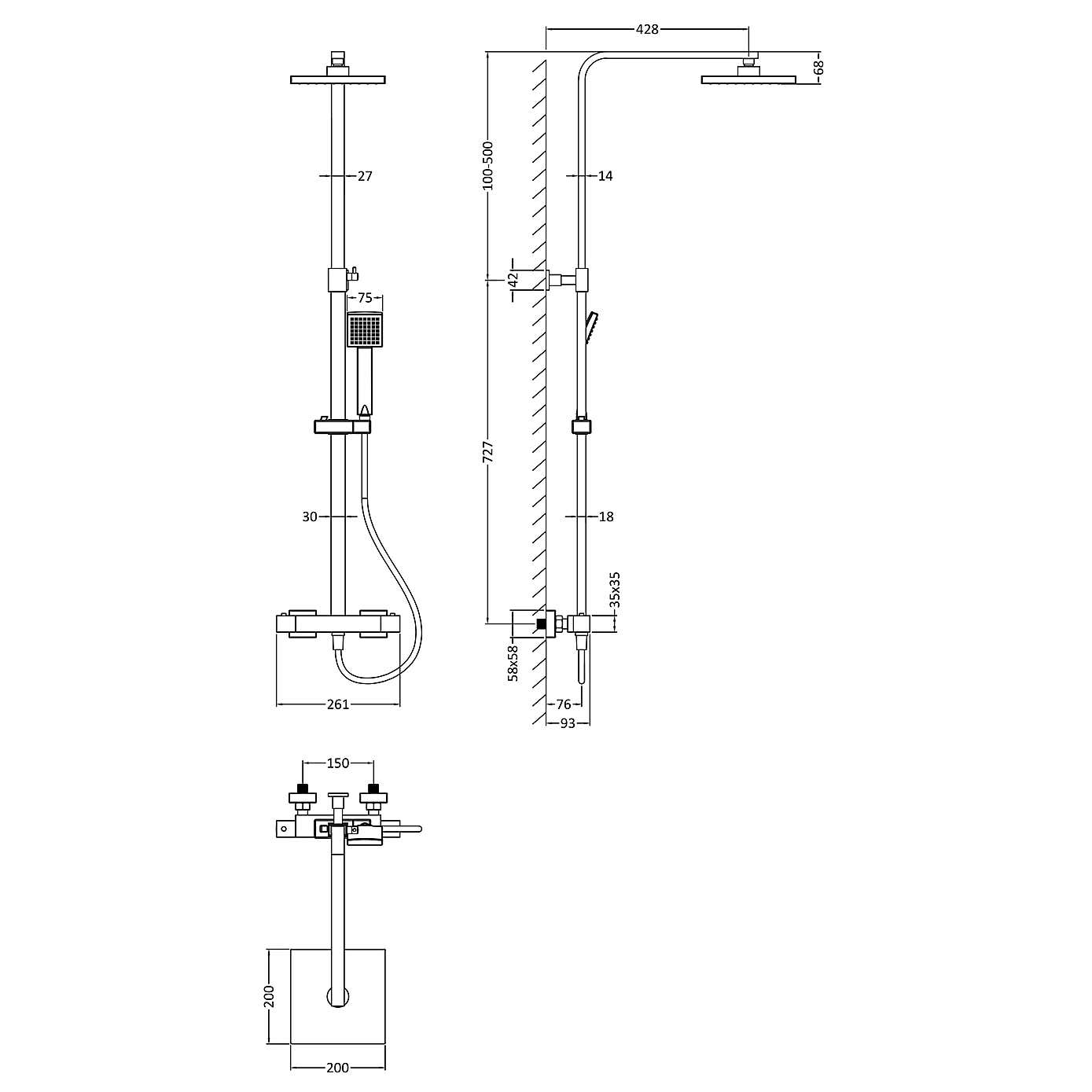 Square Thermostatic Bar Valve and Shower Kit