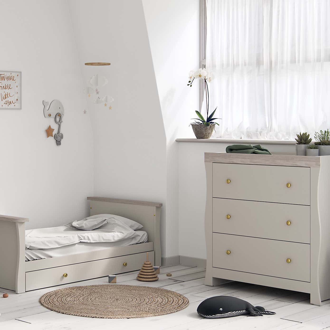 Little Acorns Celeste Cot Bed and 3 Drawer Chest Nursery Set