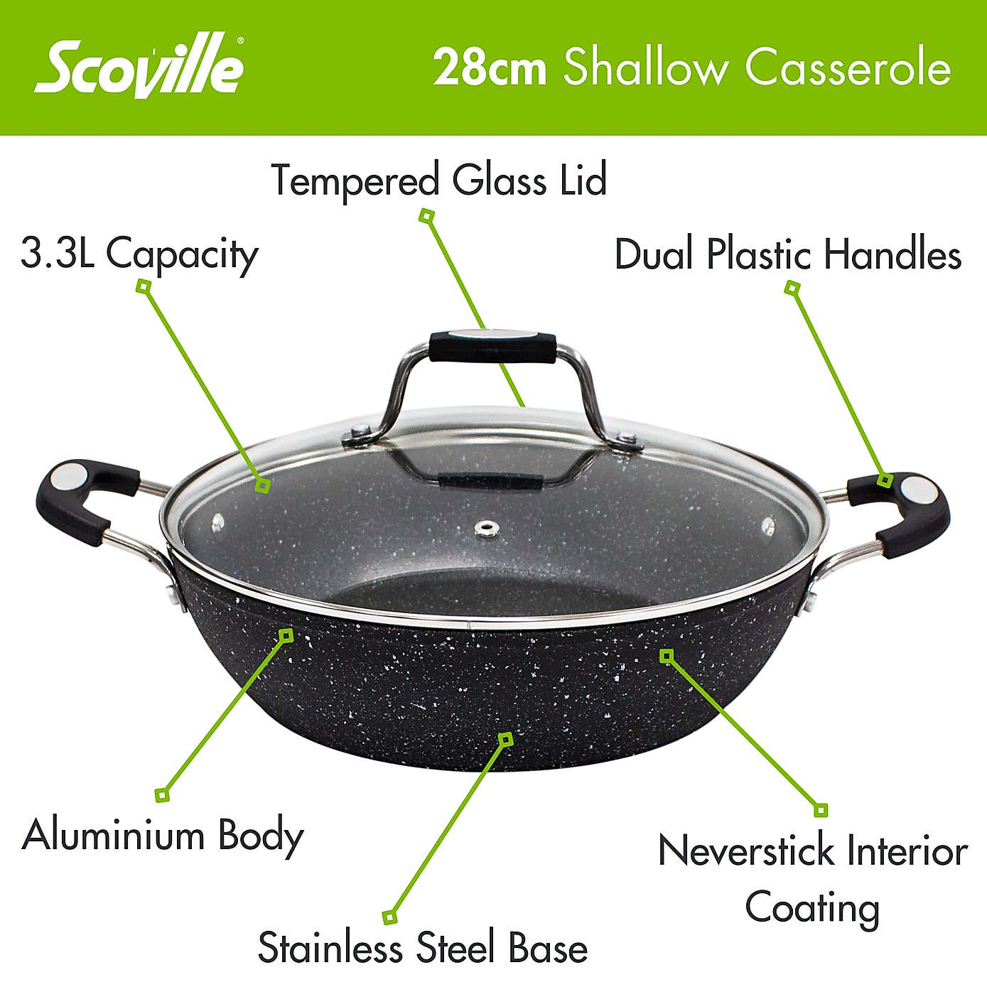 Scoville Neverstick Non-stick Aluminium Shallow Casserole Pan, 28cm
