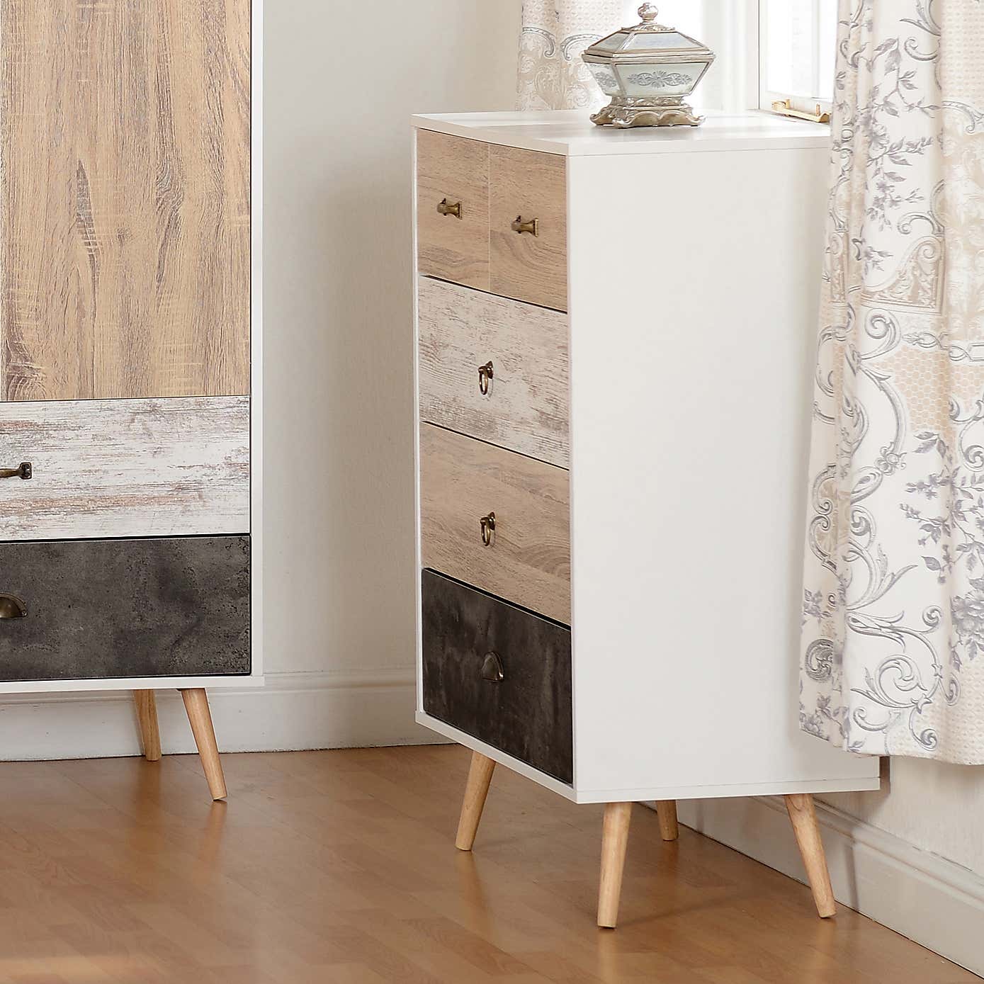 Nordic 5 Drawer Chest, White & Pine