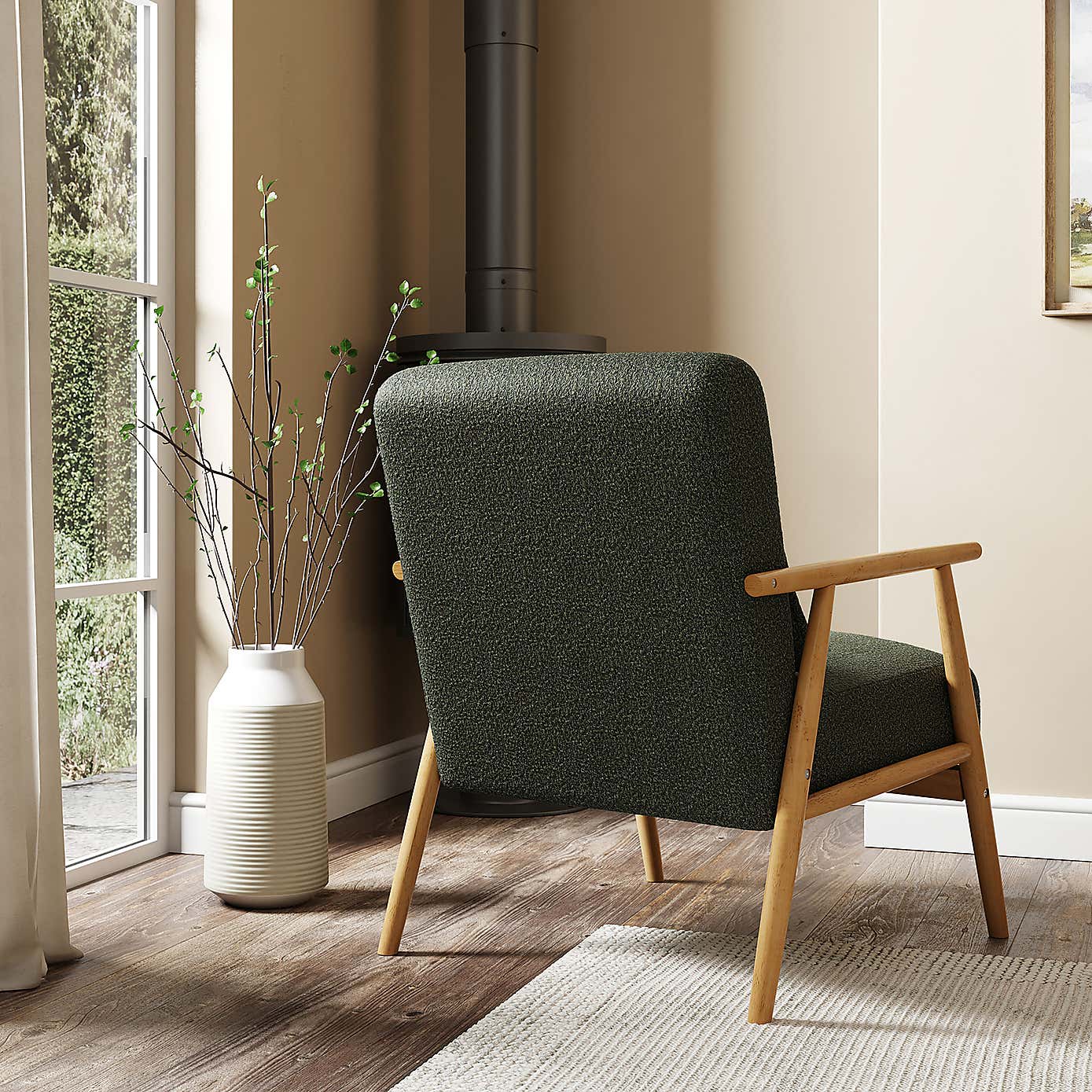 Alpine Spindle Boucle Wooden Arm Accent Chair