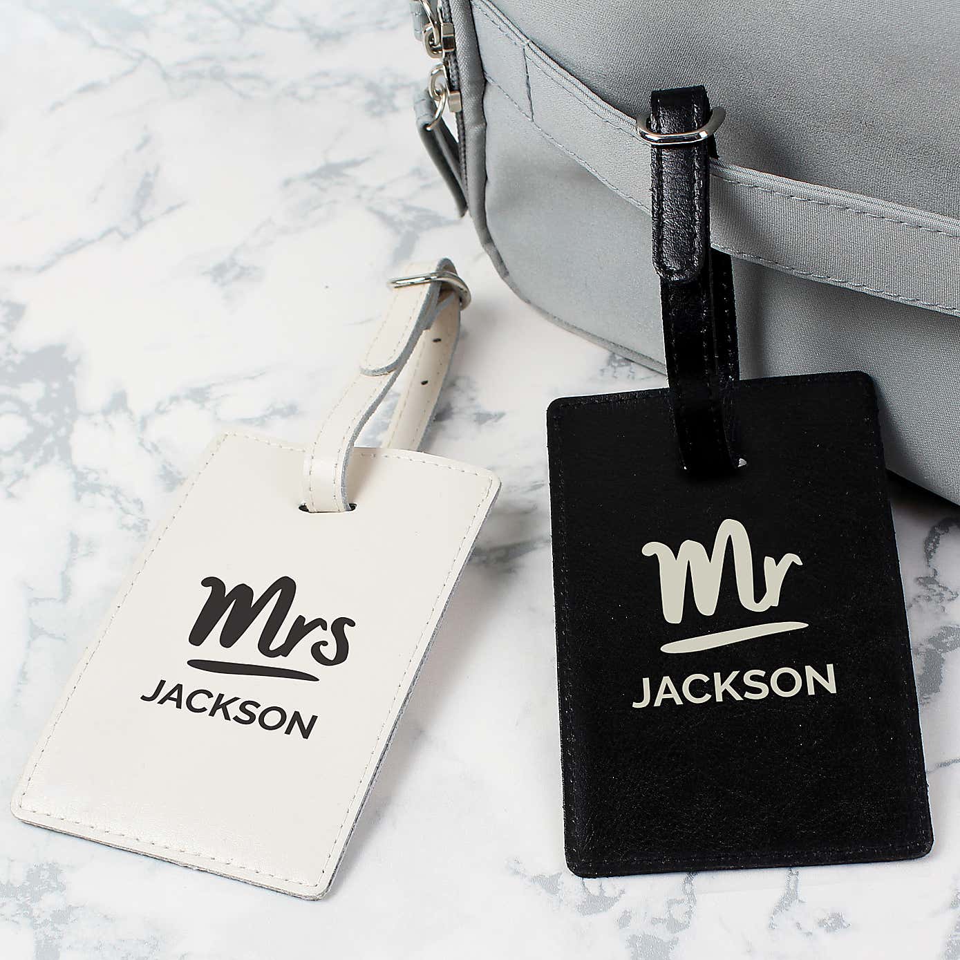 Personalised Set of 2 Mr and Mrs Black and Cream Leather Luggage Tag