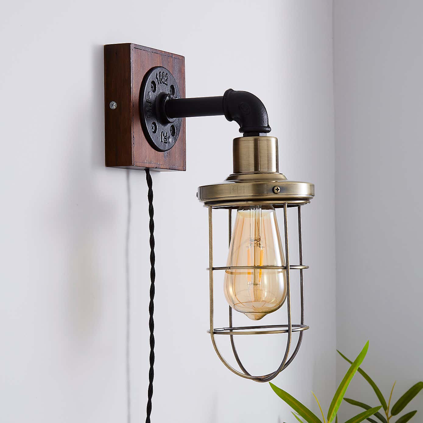 Milas Pipe Black Easy Fit Wall Light Industrial Plug