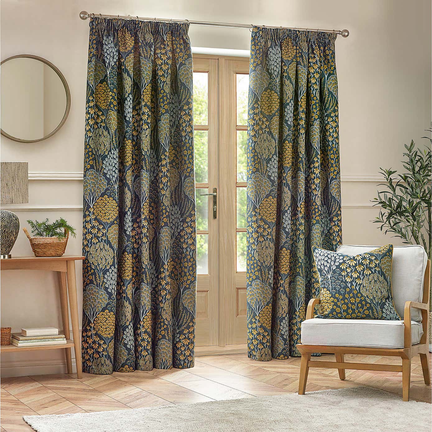 Ophelia Blue Saffron Pencil Pleat Curtains