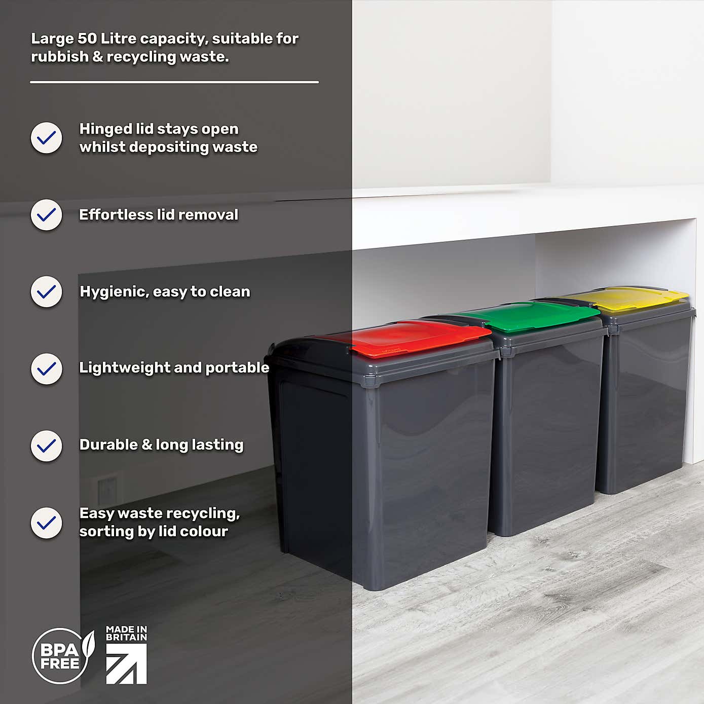 Wham 50L Set of 3 Recycling Bins with Red, Green, & Yellow Lids