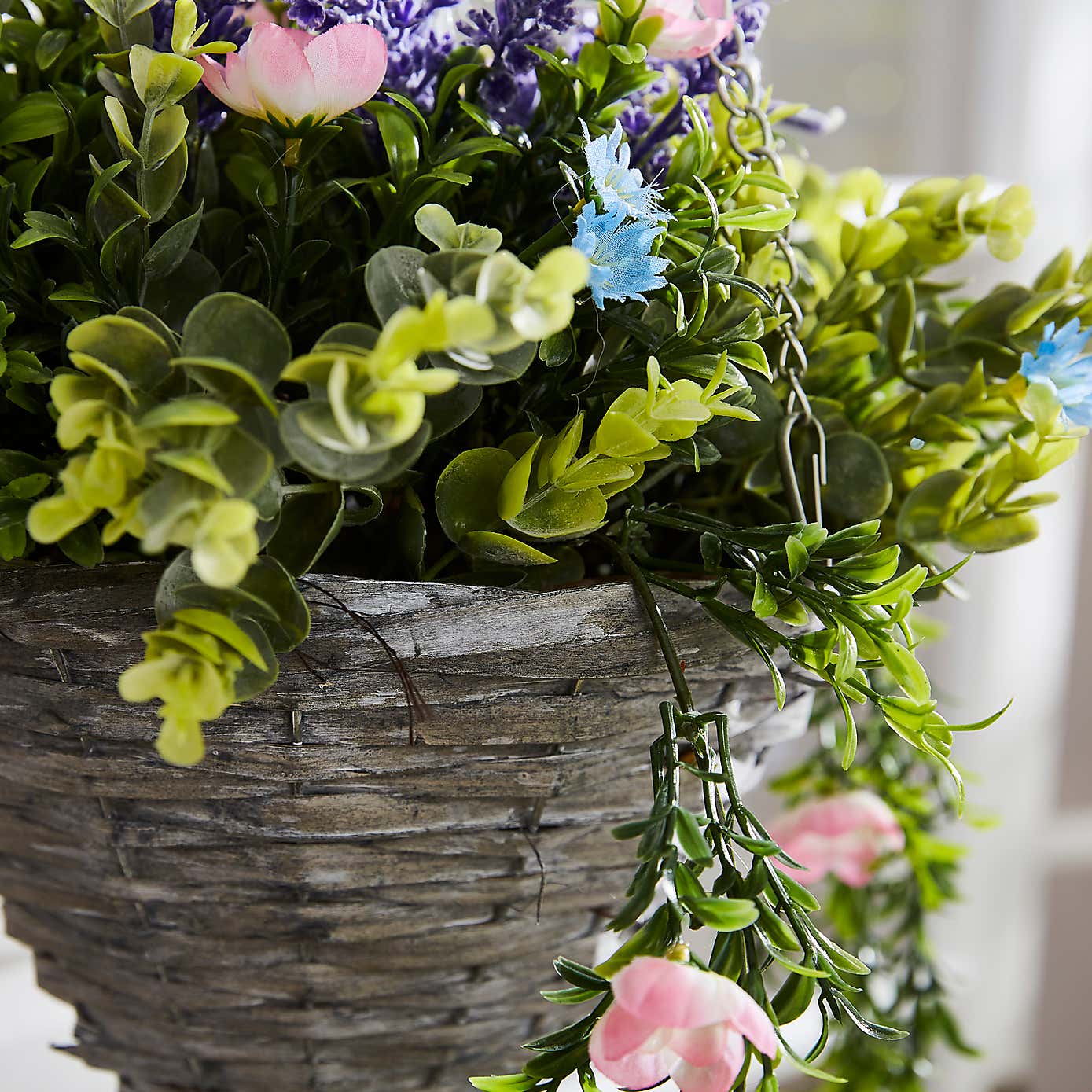 Artificial Pastel Floral Rattan Hanging Basket