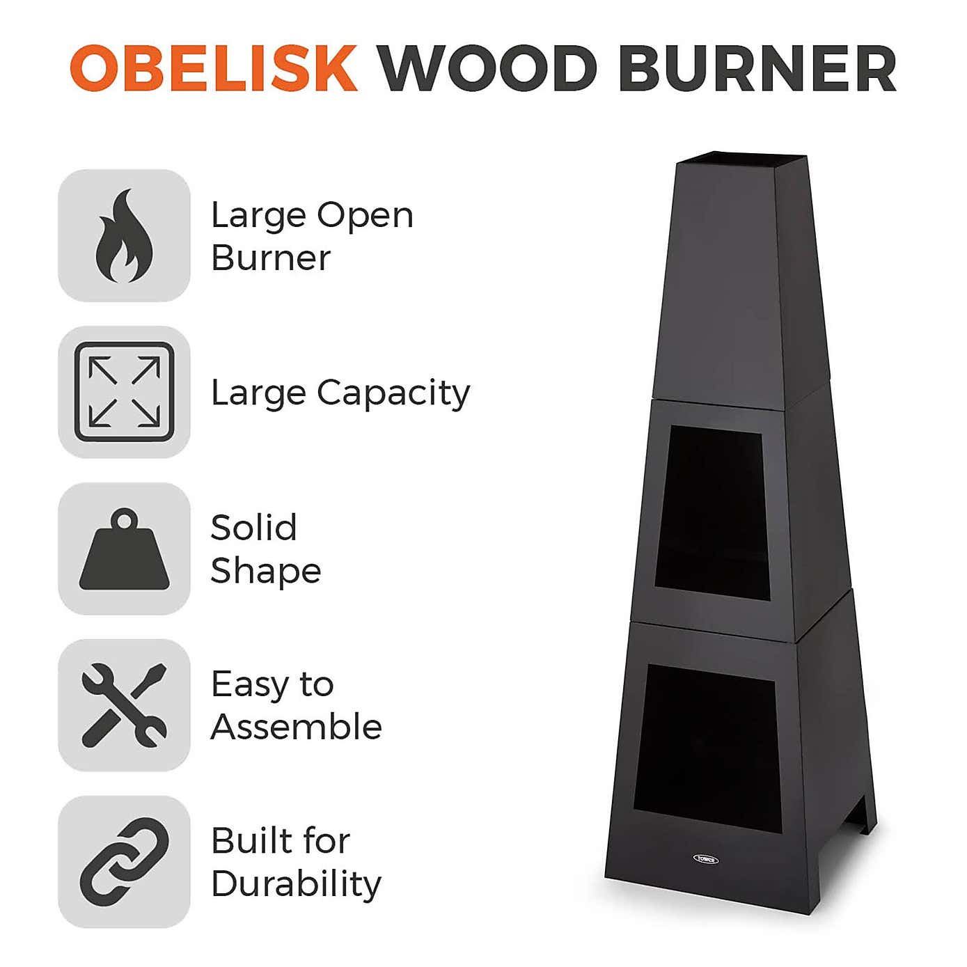 Tower Obelisk Log Burner, Black Steel