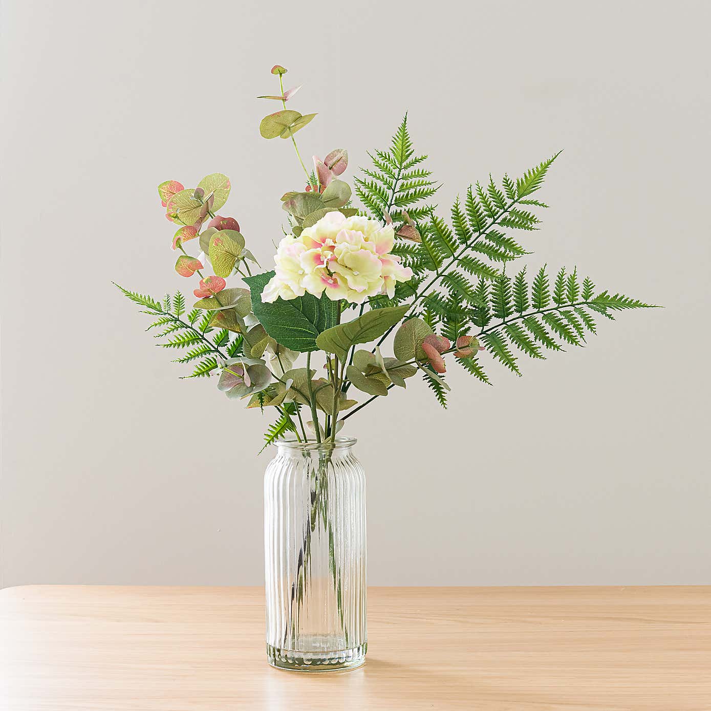 Artificial Green Hydrangea & Eucalyptus Bouquet in Ribbed Glass Vase with Fresh Linen Diffuser