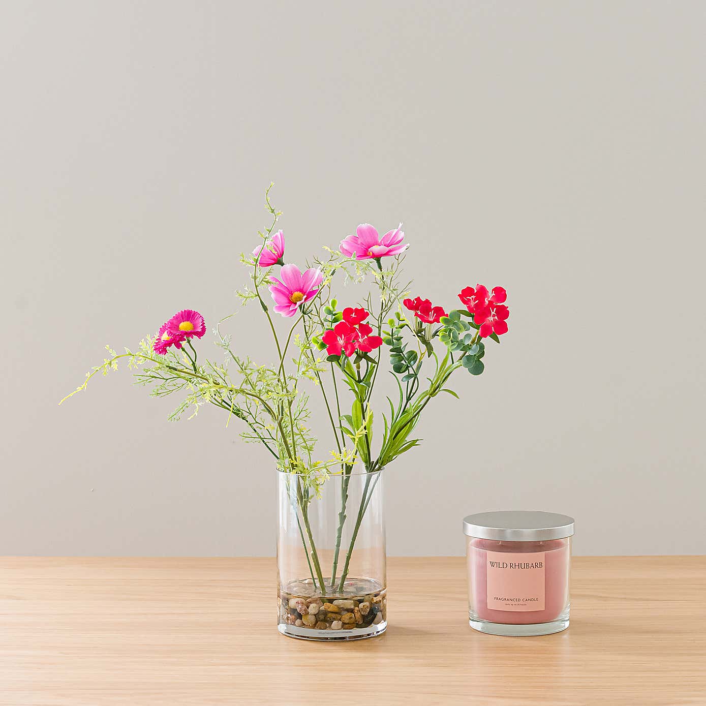 Artificial Pink & Red Wildflower Bouquet in Glass Vase with Wild Rhubarb Candle