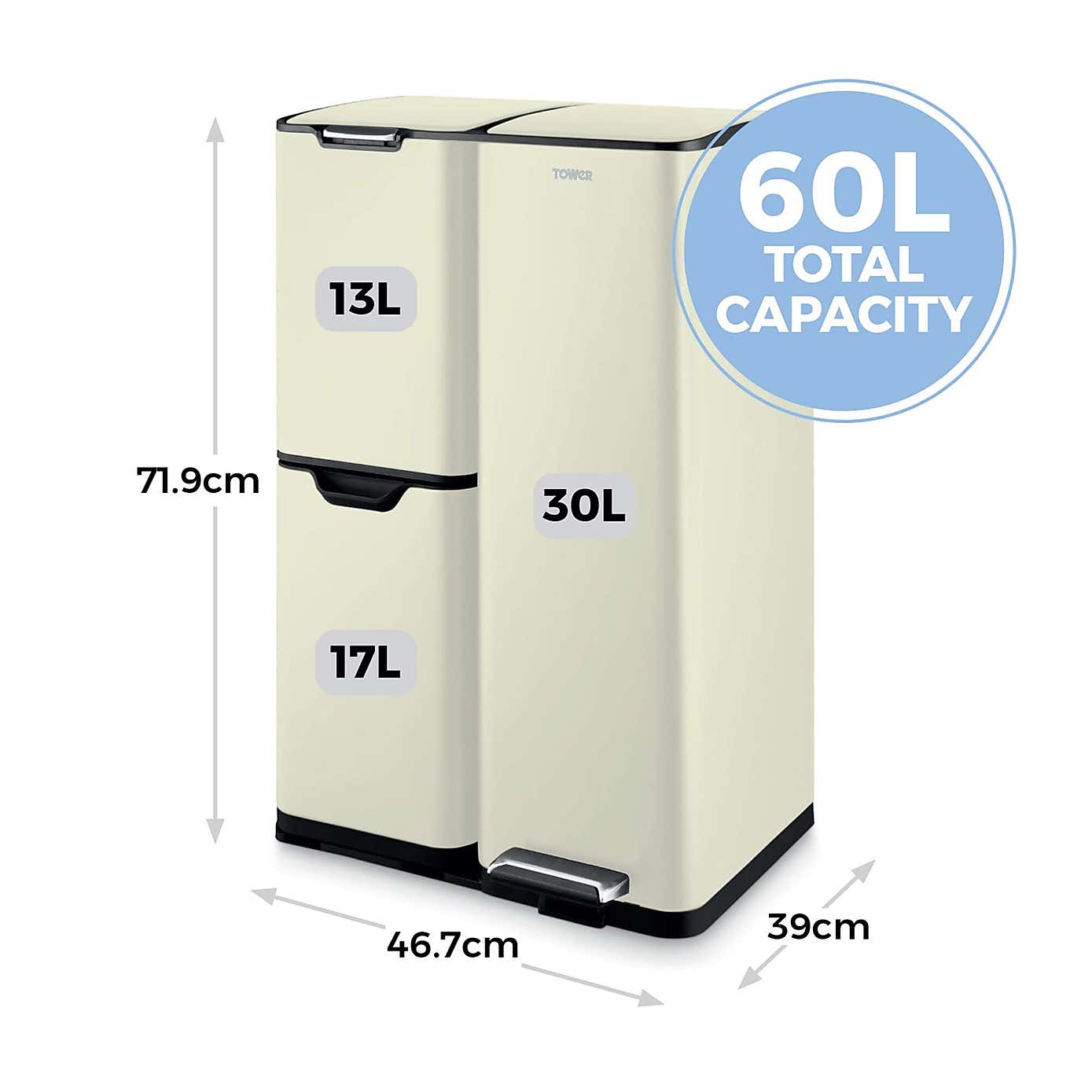 Tower 60L Recycling Pedal Bin with Drawer