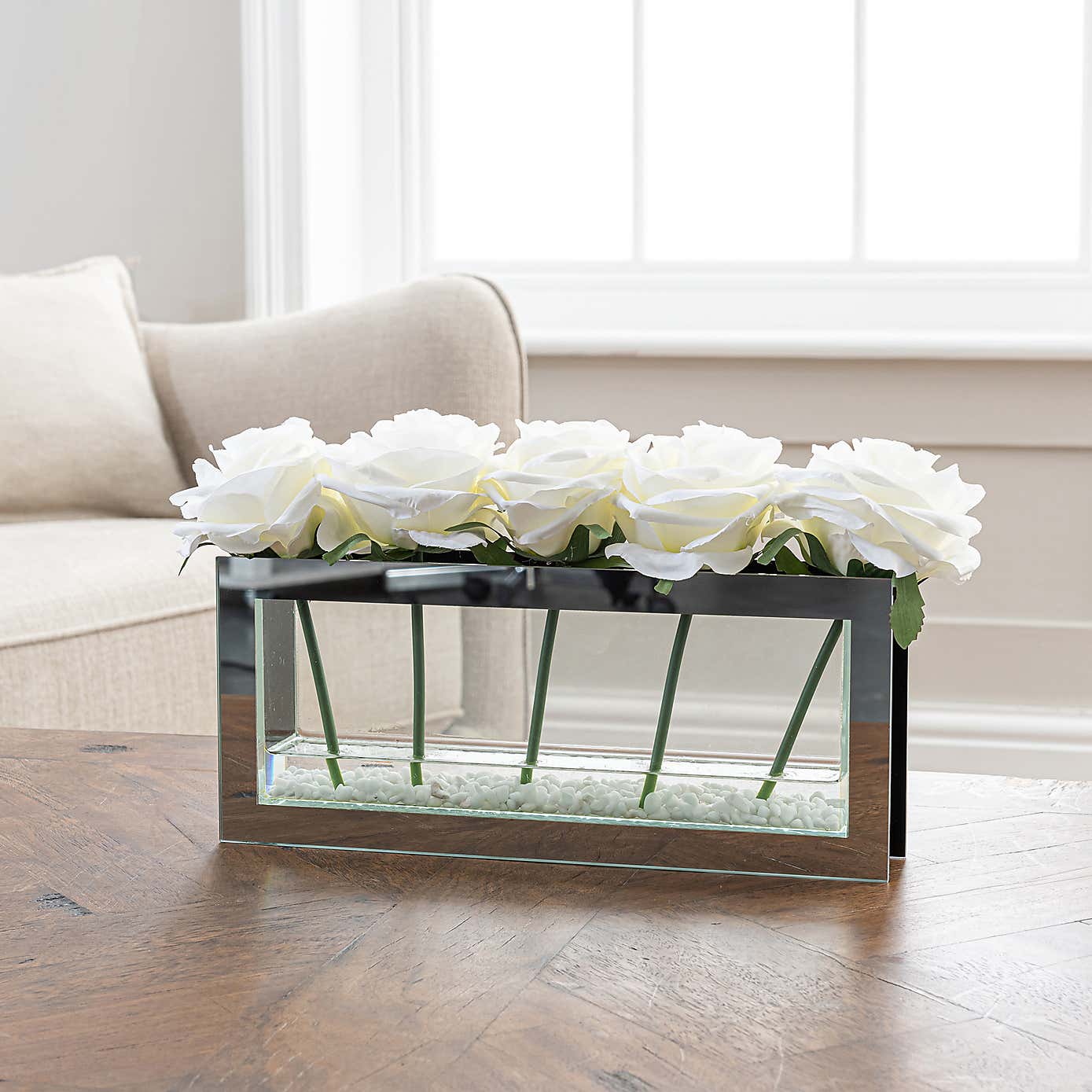 Artificial White Roses In Mirrored Edge Vase