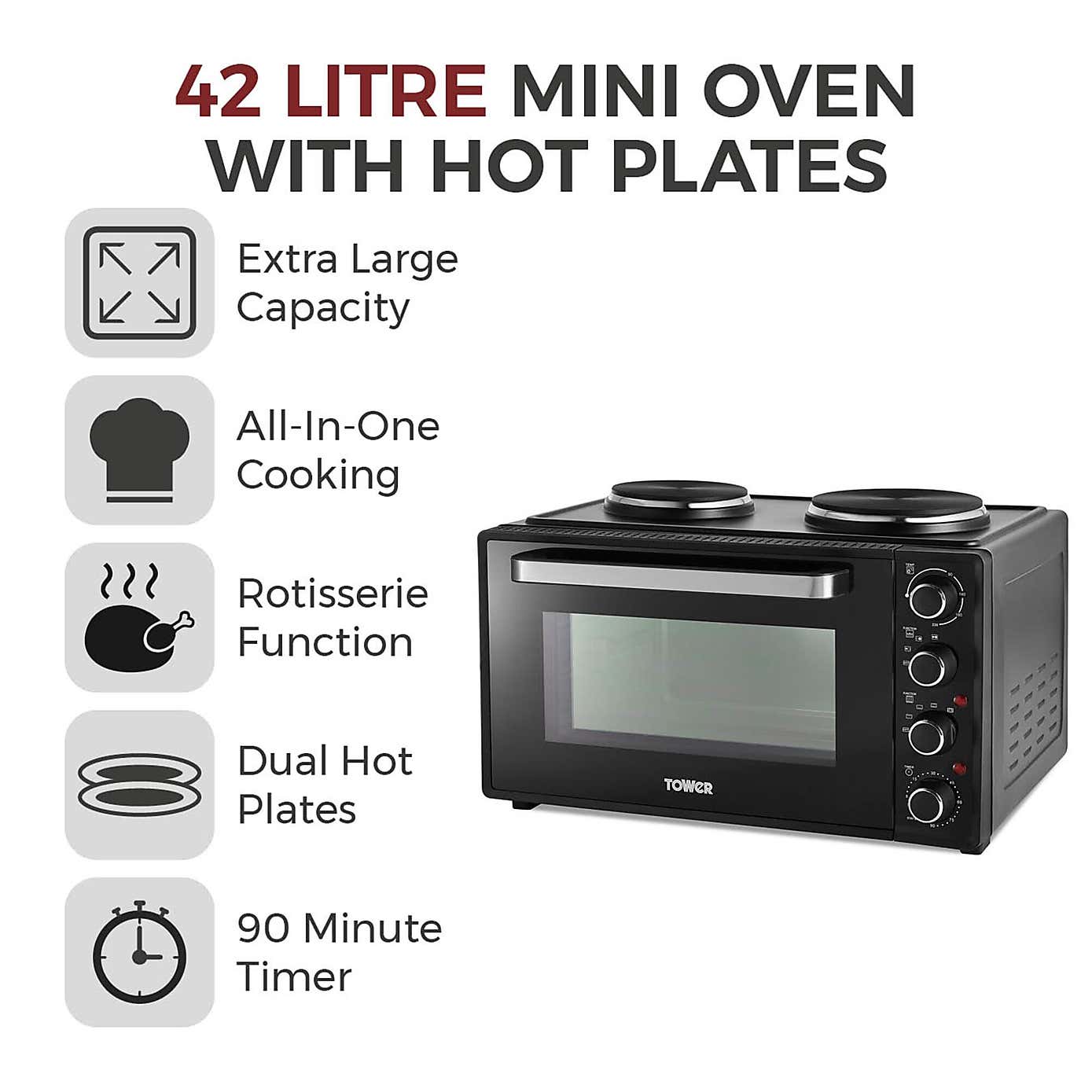 Tower 42L Black Mini Oven with Hot Plates