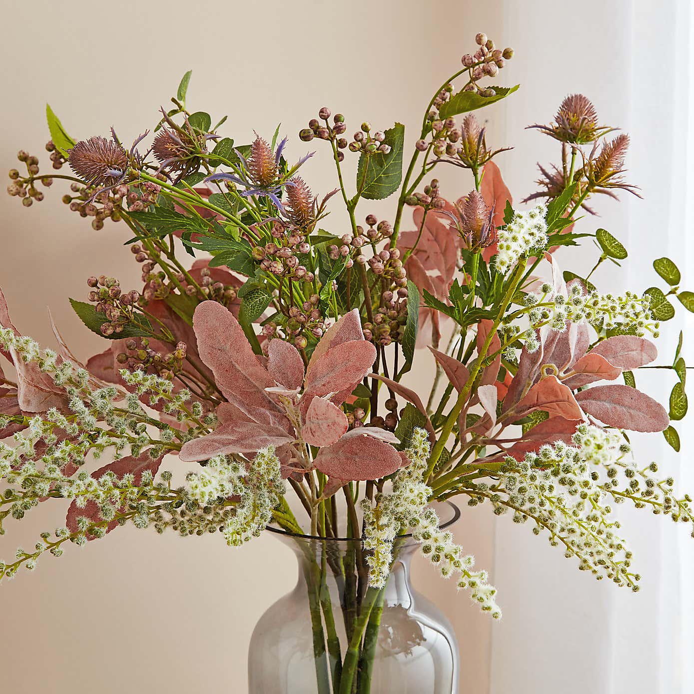 Artificial Floral Bouquet in Curved Glass Vase