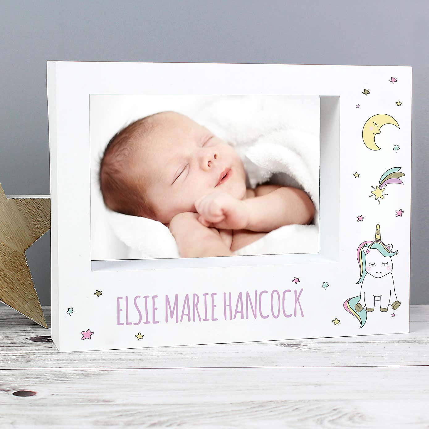 Personalised Baby Unicorn Landscape Box Photo Frame