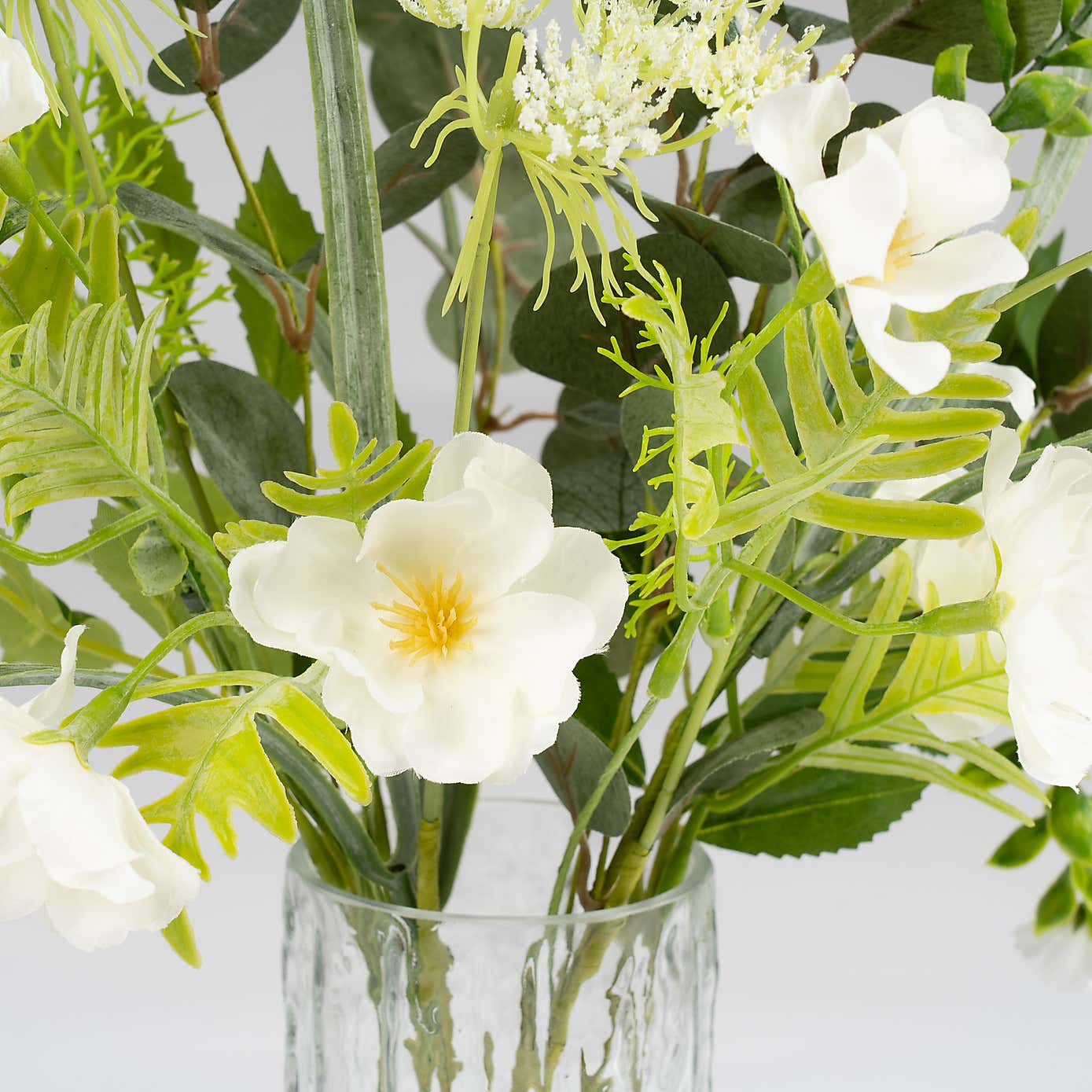 Artificial White Floral & Eucalyptus Arrangement in Glass Vase