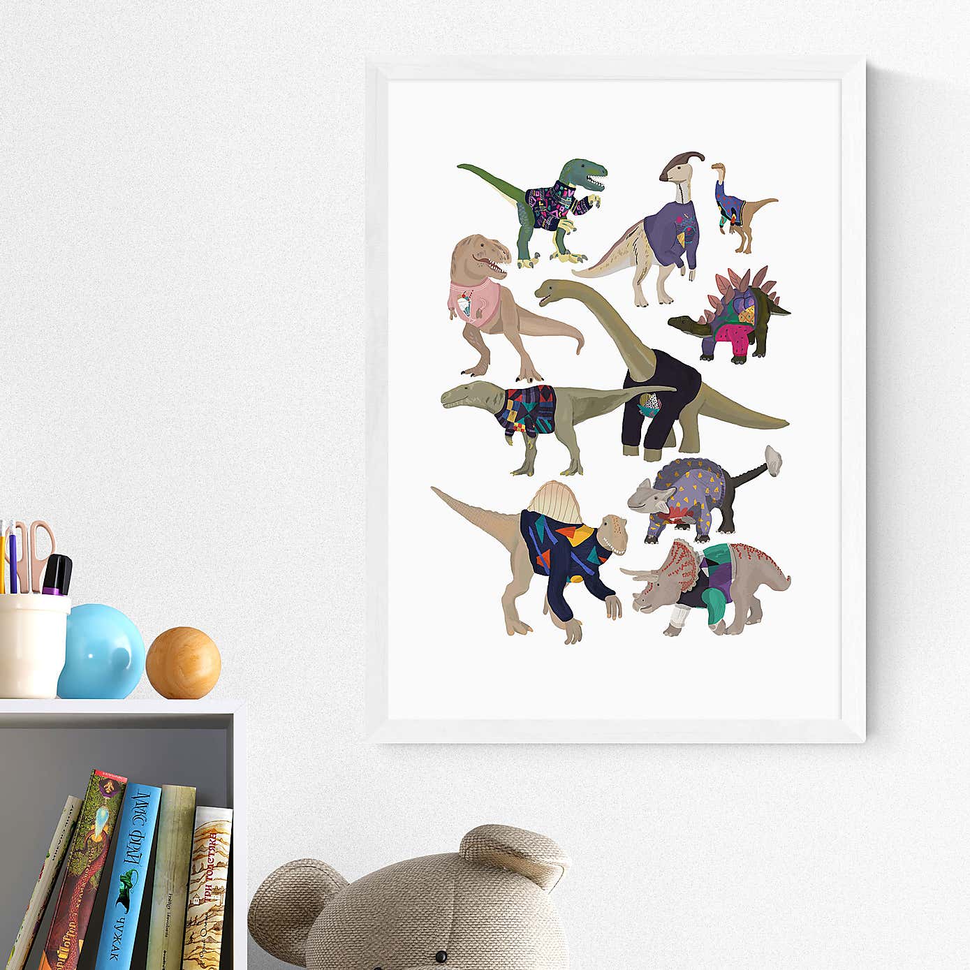 East End Prints Dinosaurs in 80s Jumpers by Hanna Melin Print
