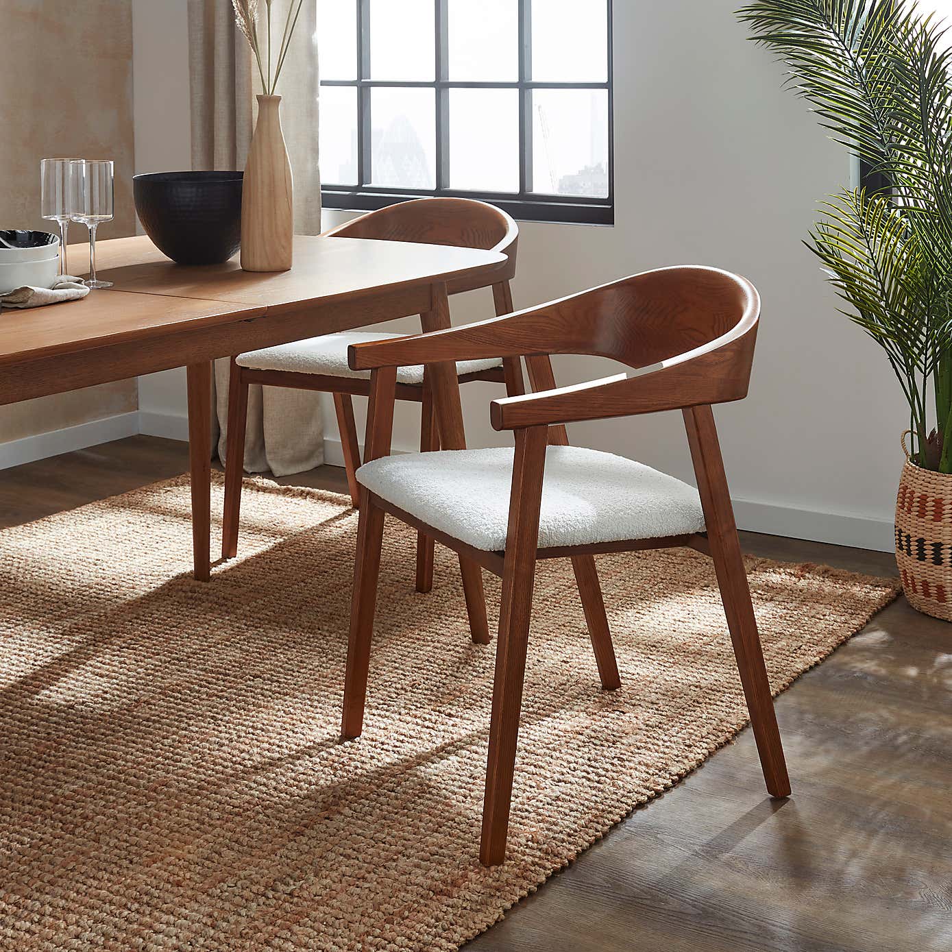 Karla Rectangular Extendable Dining Table with Oskar Dark Stained Ivory Boucle Dining Chairs