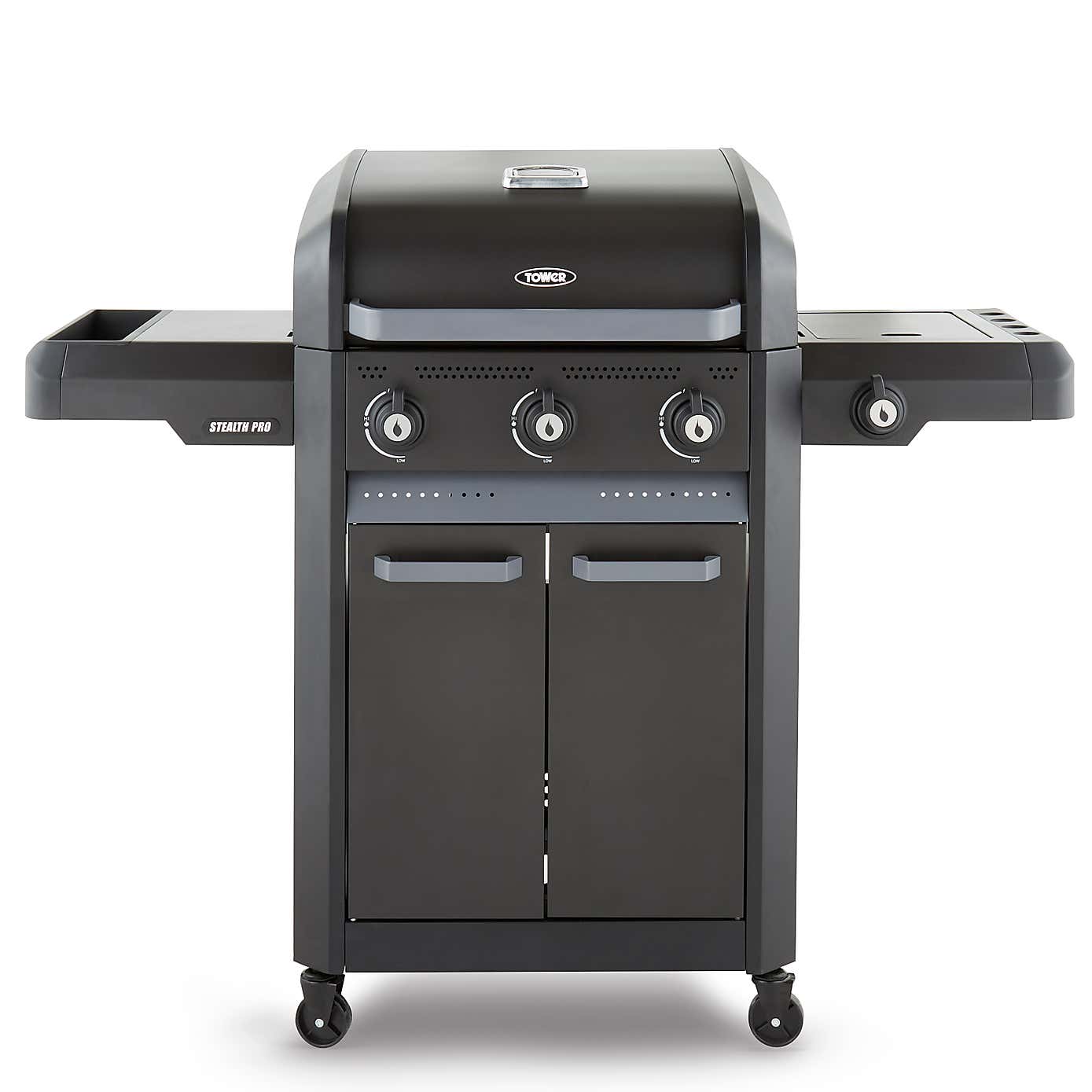 Tower Stealth Pro Four Burner Gas BBQ with Rotisserie, Black Steel