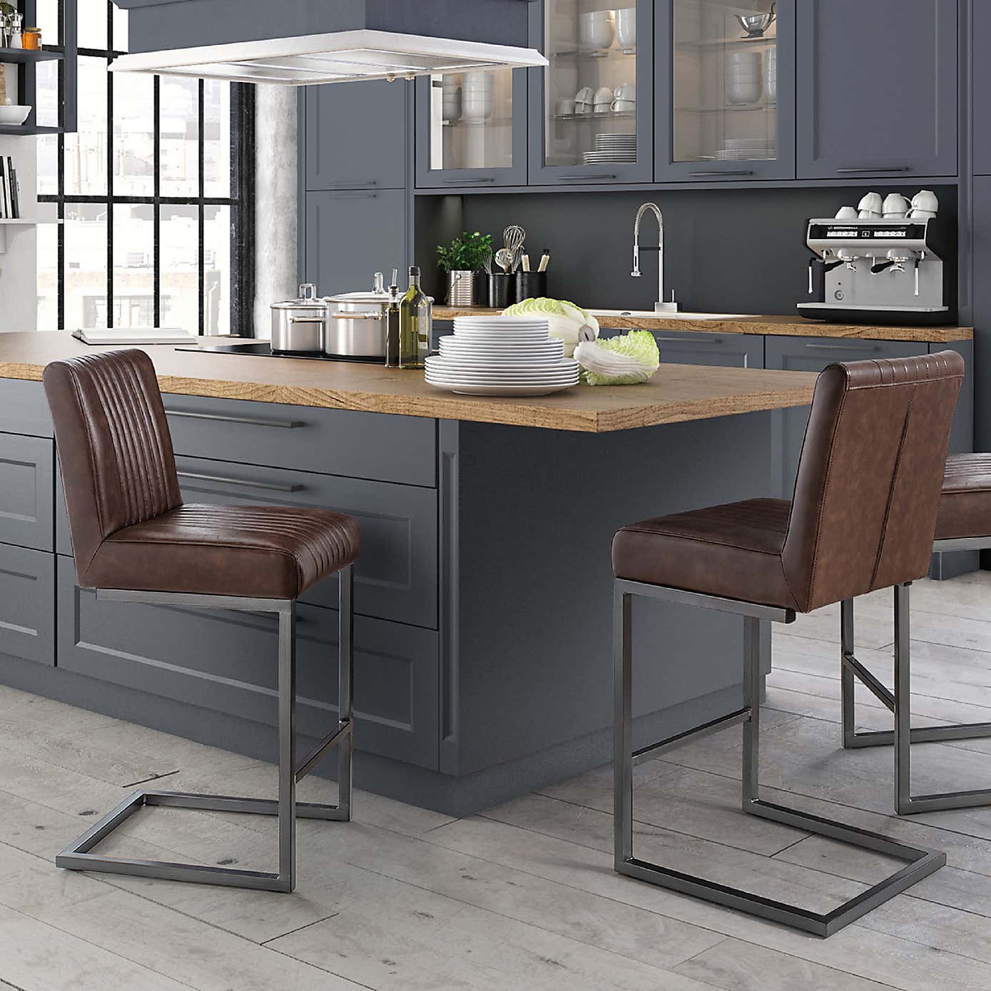 Brooklyn Set of 2 Bar Stools, Faux Leather