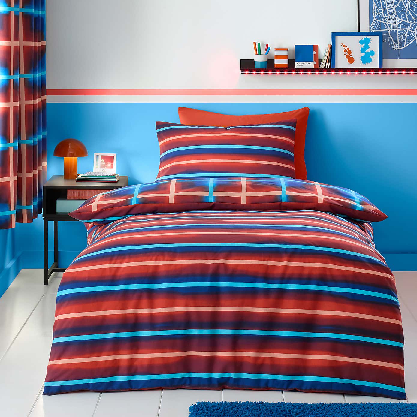 Red & Blue Neon Checks Reversible Duvet Cover and Pillowcase Set