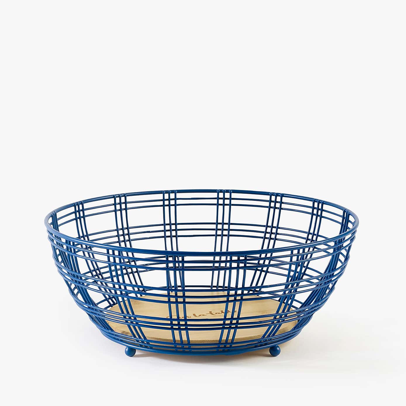 Sur La Table Bamboo and Blue Wire Fruit Bowl