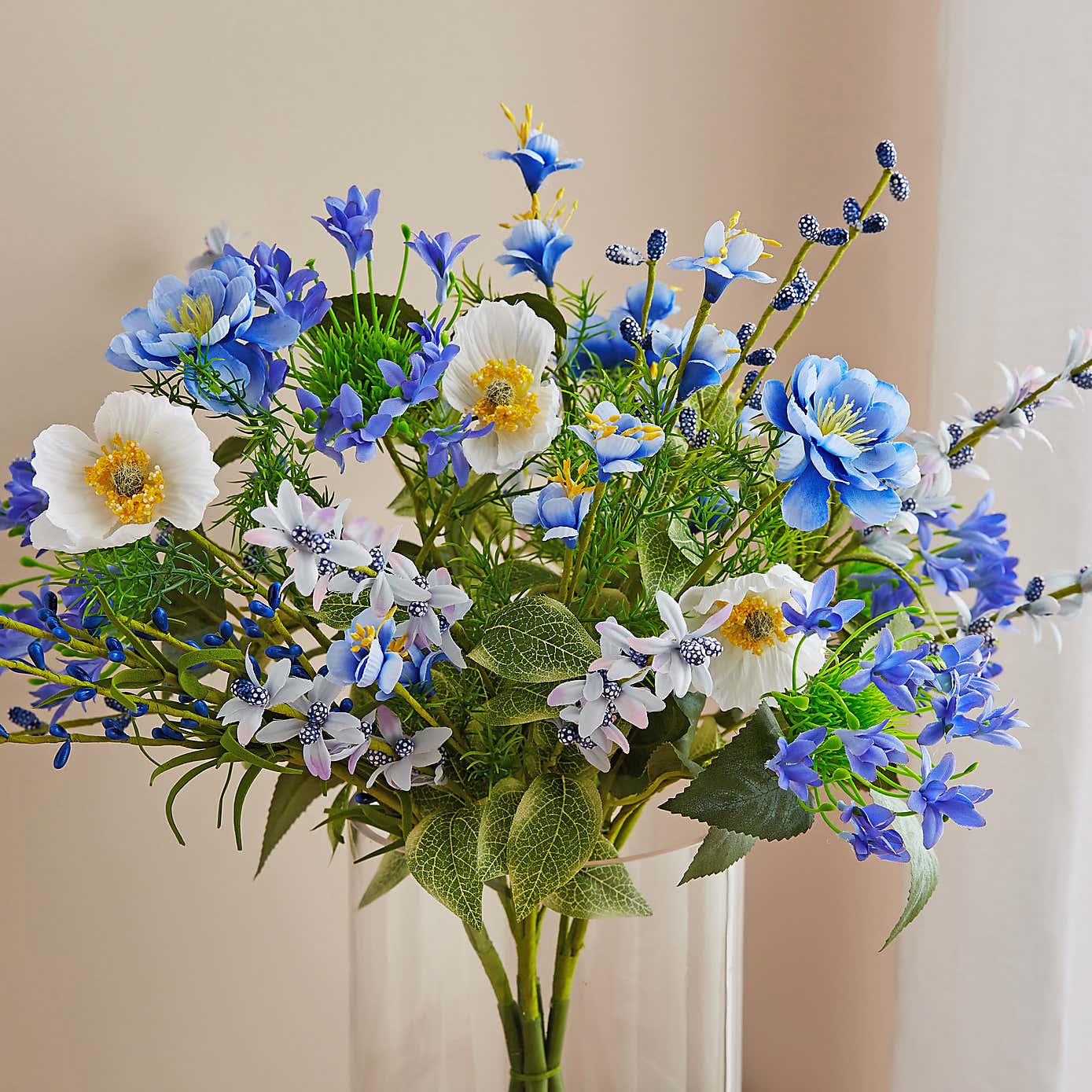 Artificial Blue Meadow Bouquet in Ribbed Glass Footed Vase