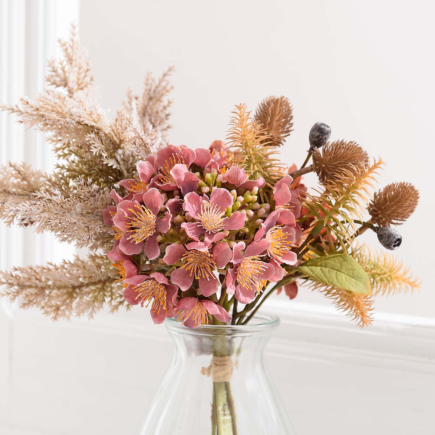 Artificial Dried Pink Hydrangea and Pampas Bouquet in Glass Vase
