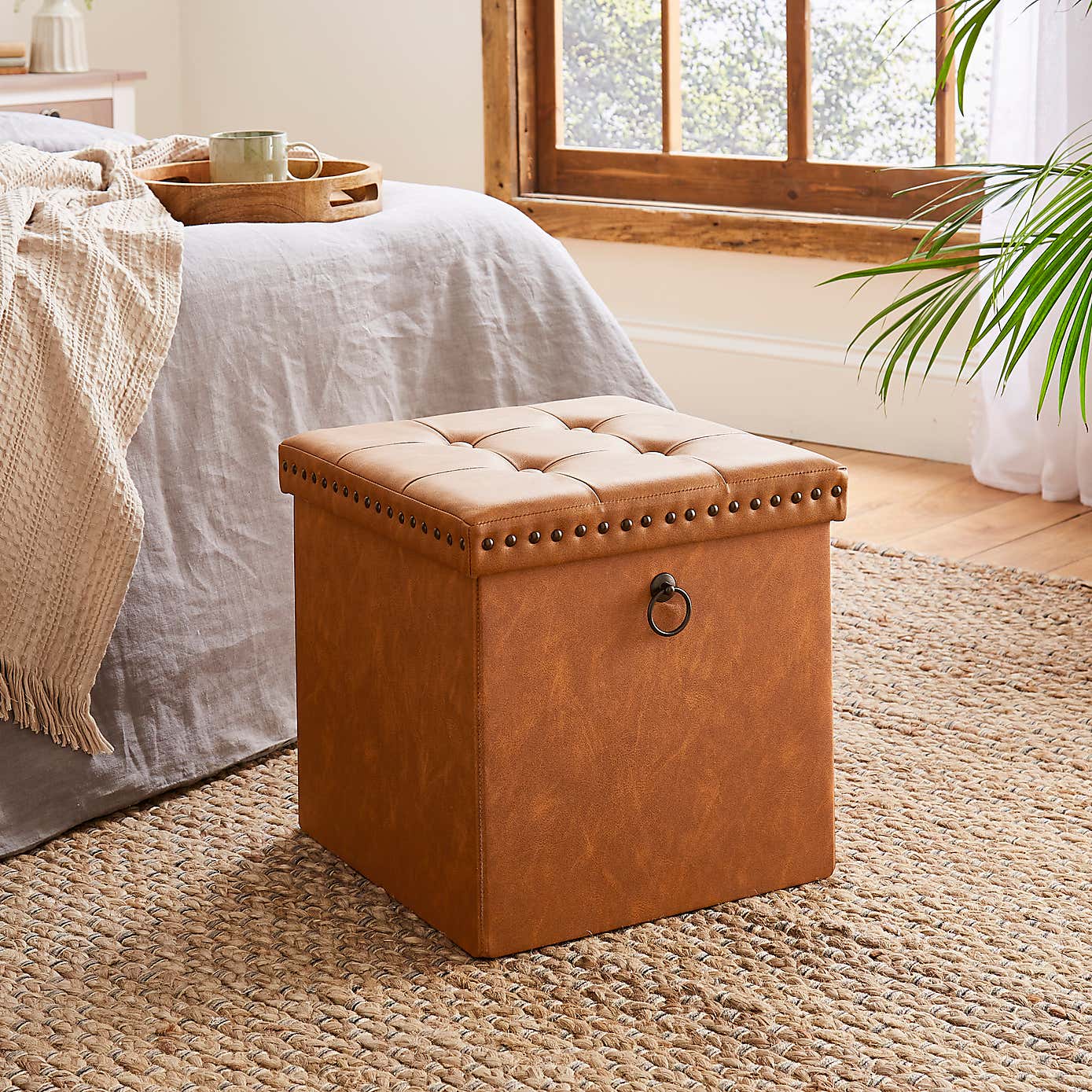 Faux Leather Cube Ottoman Tan