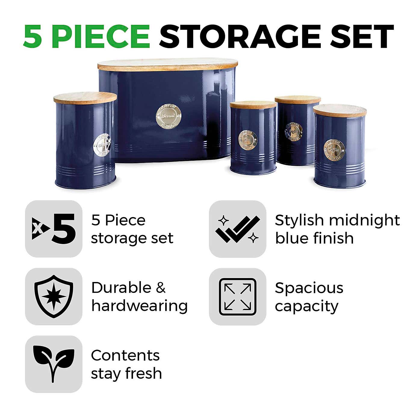 TOWER 5 Piece Round Ribbed Canister Set