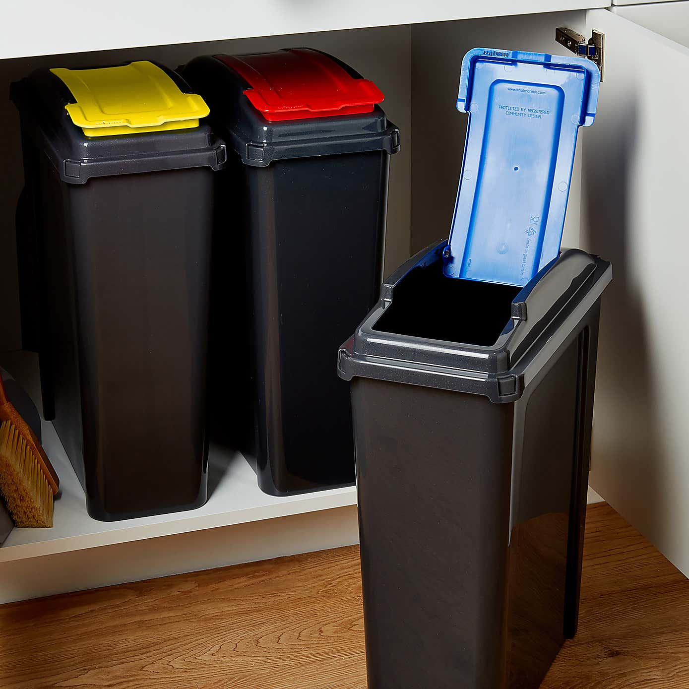 Wham 25L Set of 3 Recycling Bins with Red, Blue, & Yellow Lids