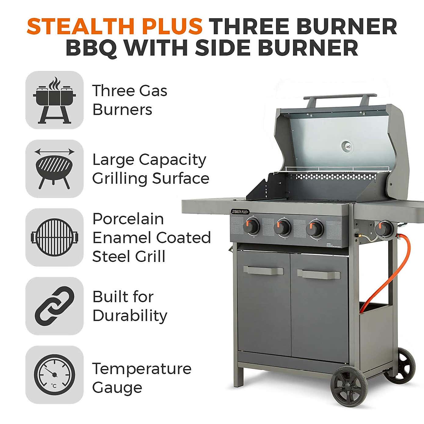 Tower Stealth Plus Three Burner Gas BBQ with Side Burner, Black Steel
