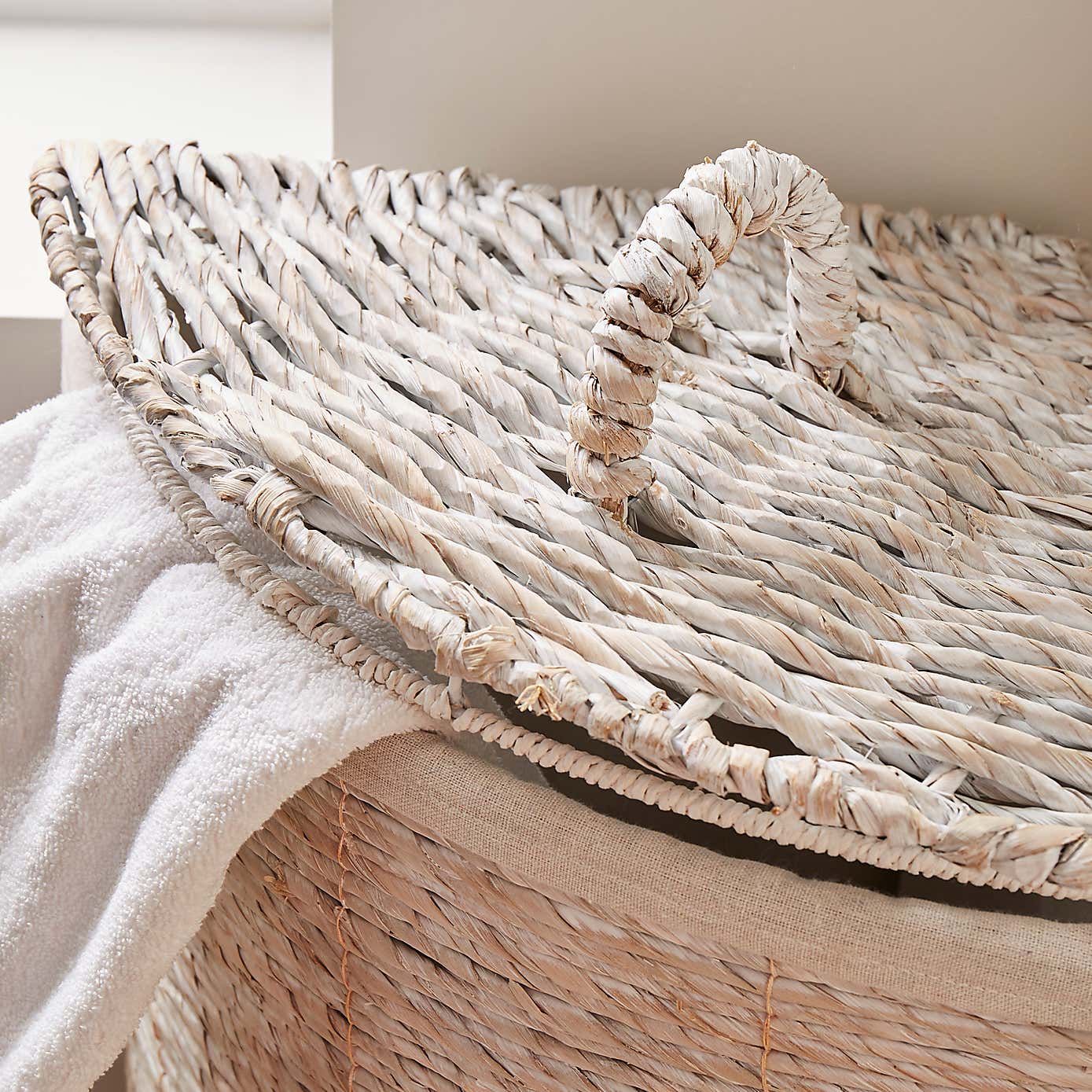 White Wash Wicker Corner Laundry Basket