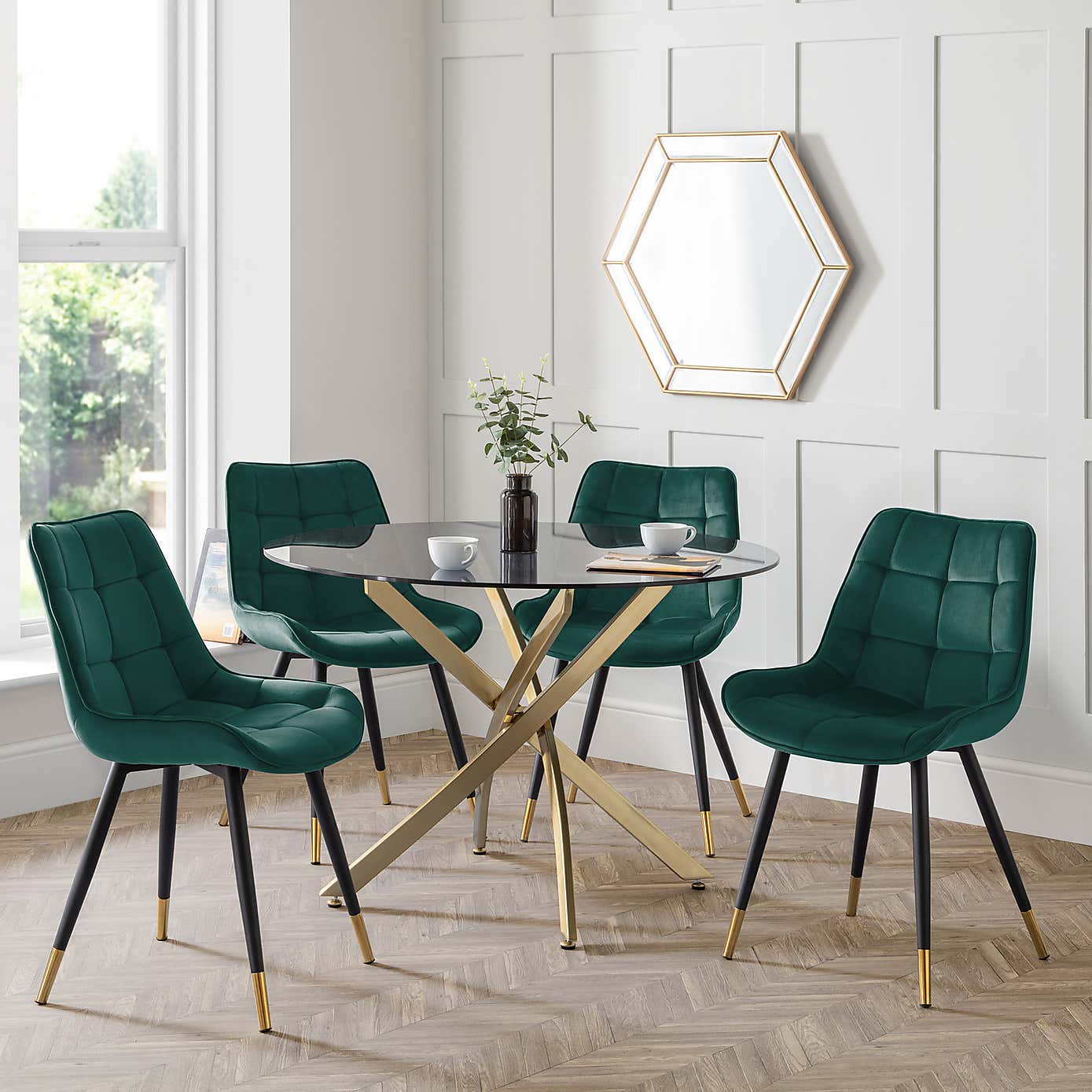 Montero Round Glass Dining Set with 4 Hadid Chairs