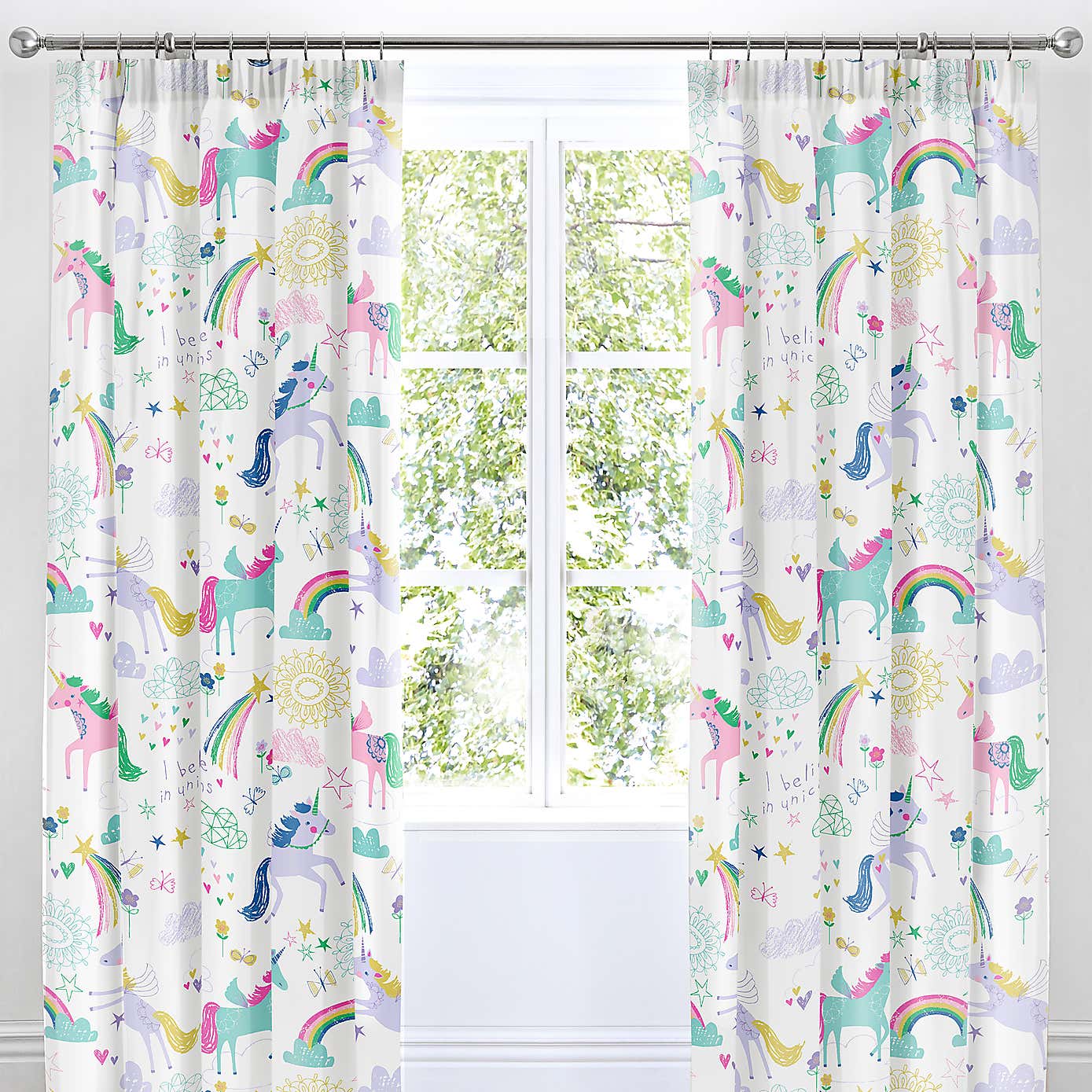 Rainbow Unicorn Multicoloured Pencil Pleat Curtains