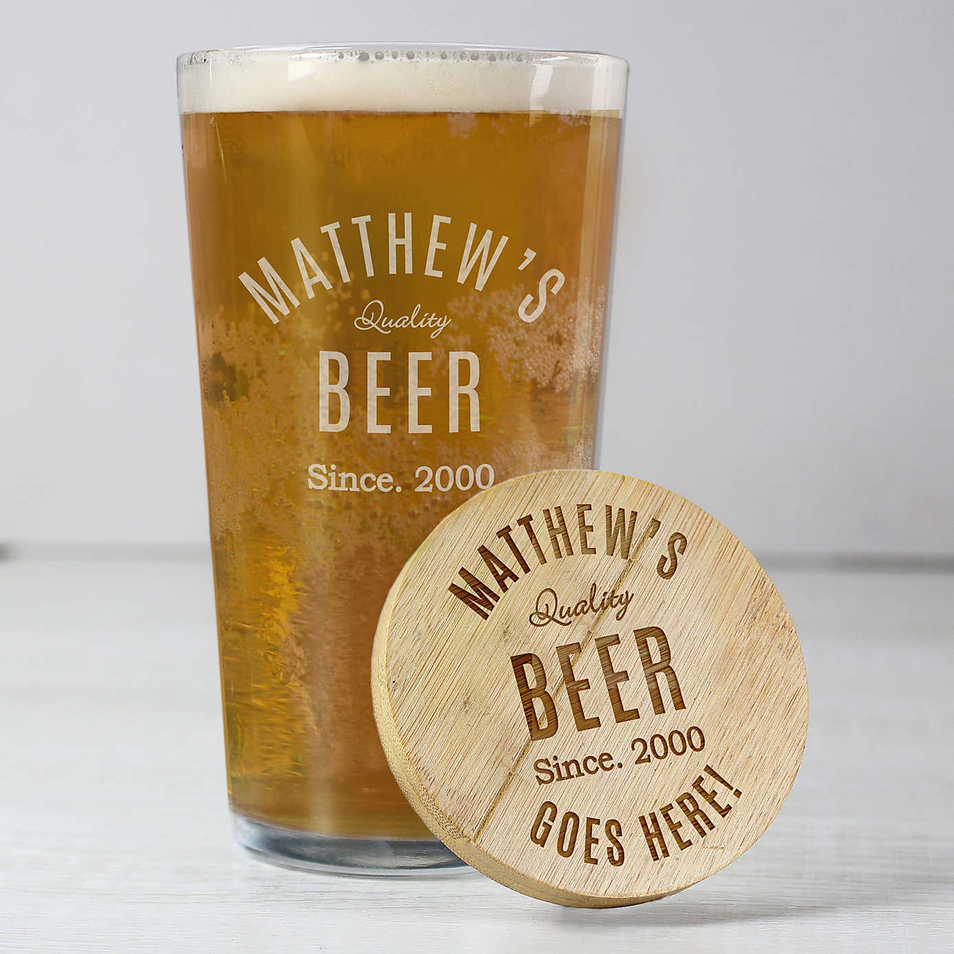 Personalised Bamboo Bottle Opener Coaster and Pint Glass