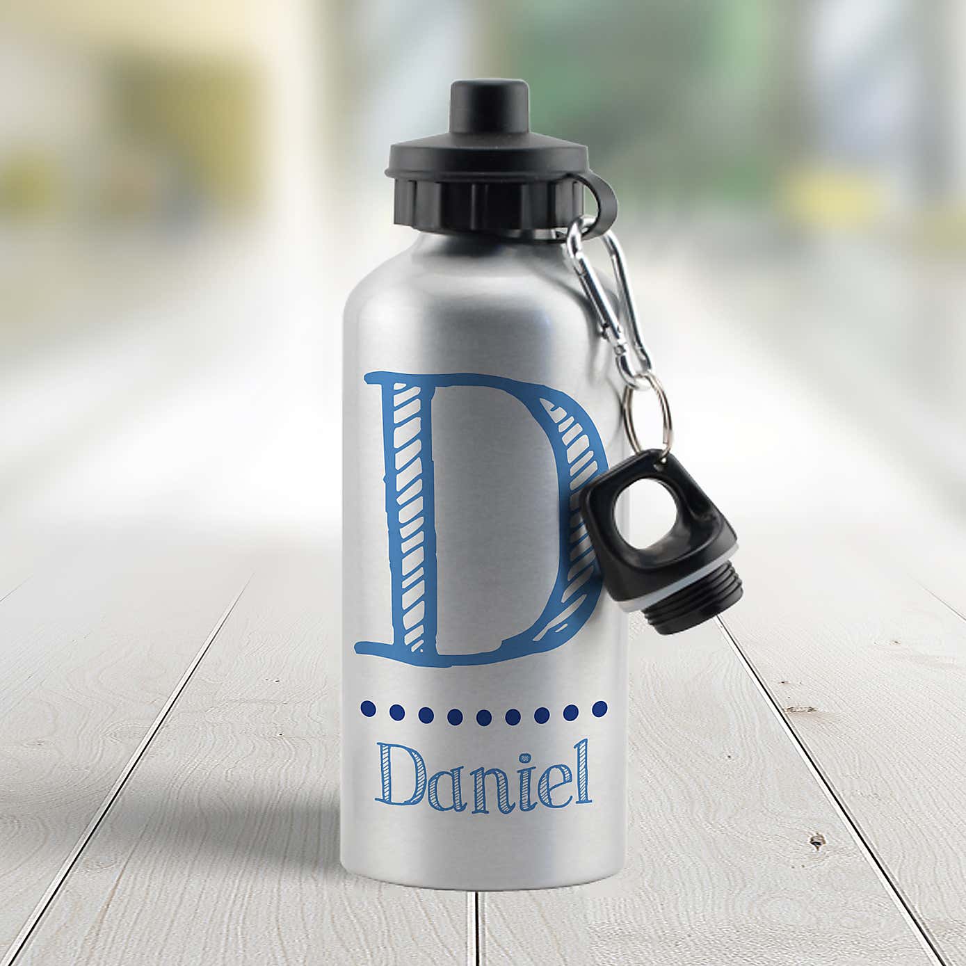Personalised Name Silver Drinks Bottle Blue
