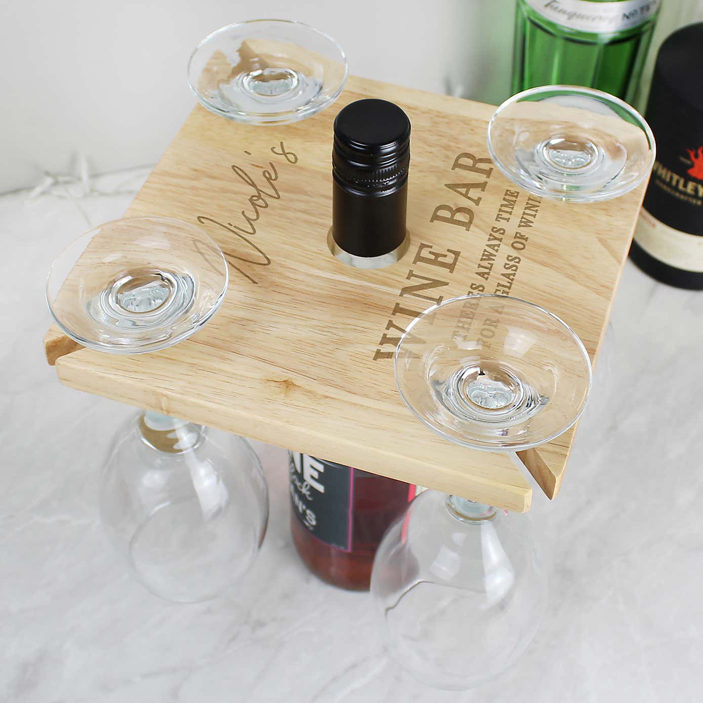 Personalised Wooden Four Wine Glasses and Bottle Holder