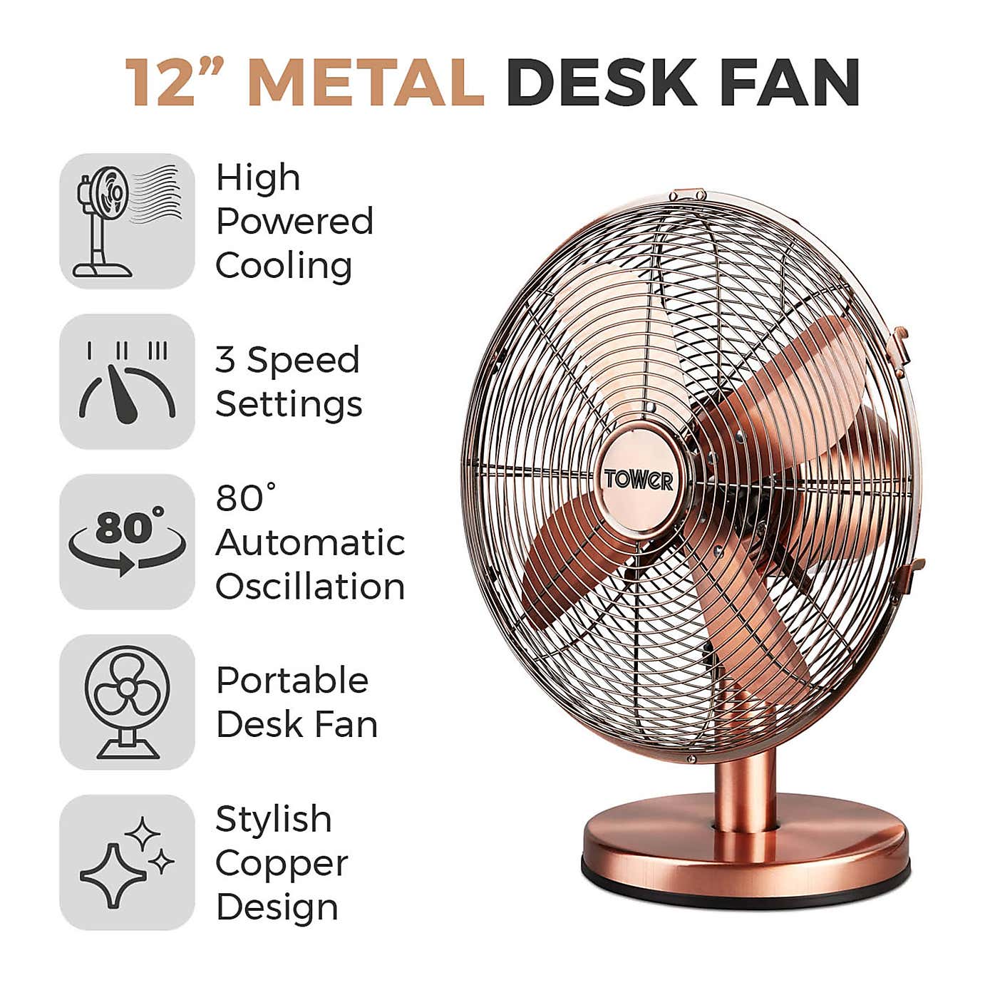 Tower Metal 12" Copper Desk Fan