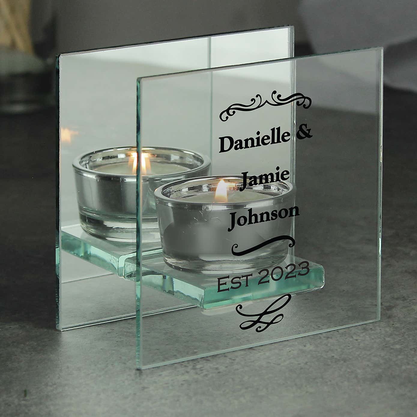 Personalised Antique Scroll Mirrored Glass Tea Light Holder