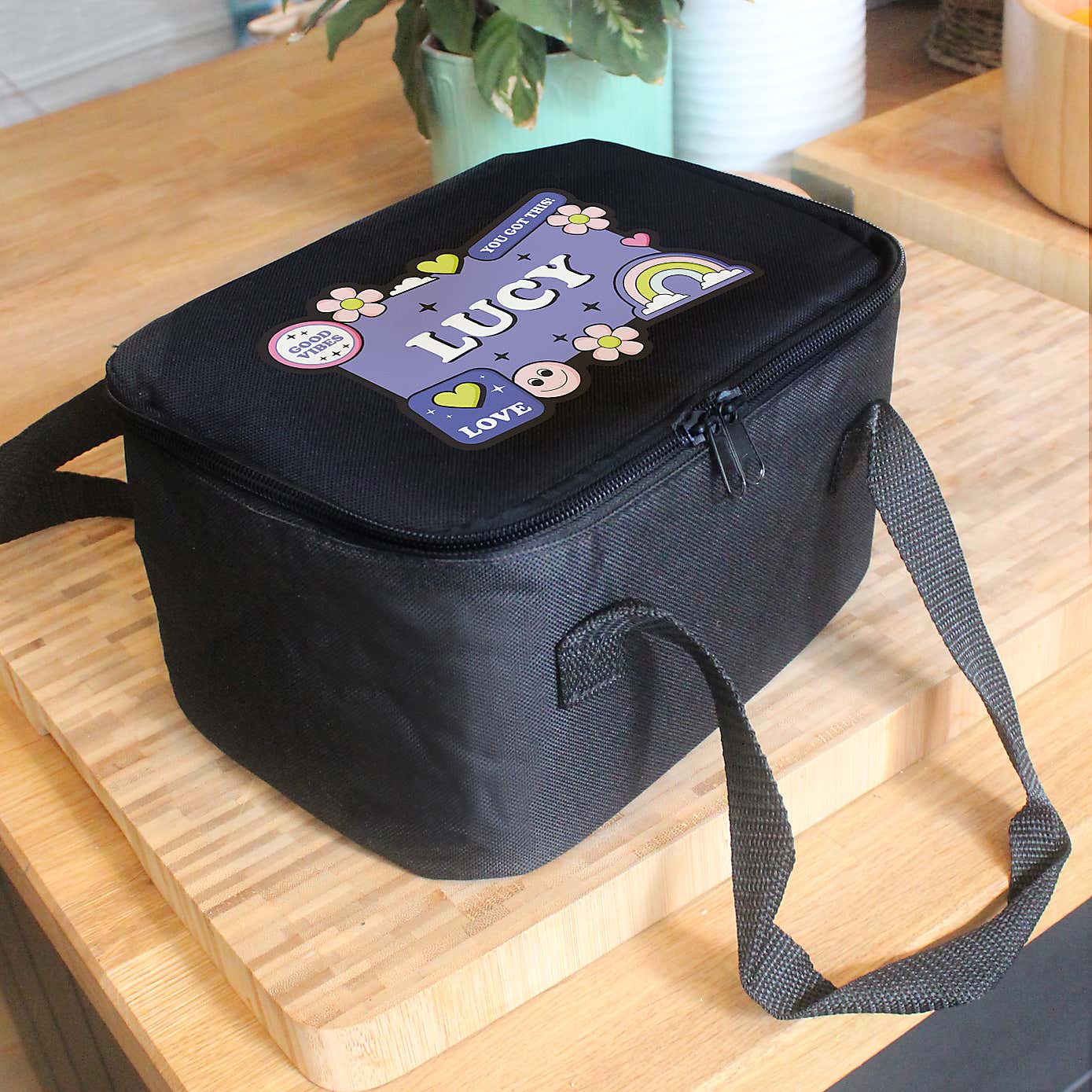 Personalised Black Good Vibes Lunch Bag